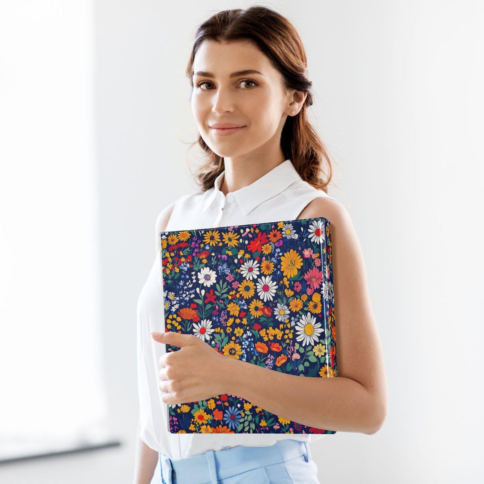 Confezione da 2 raccoglitori ad anelli a D, con tasche grandi, motivo floreale dai colori vivaci, per scuola, università, ufficio