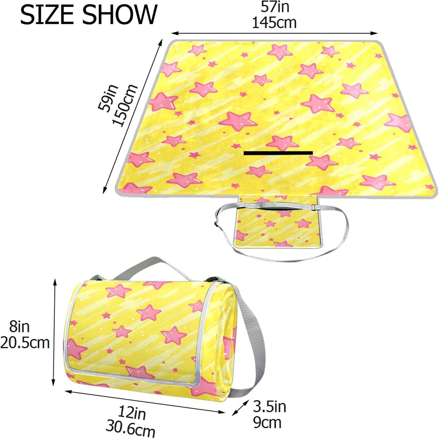 MNSRUU Picnic Blanket Waterproof Foldable, Pink Star Large Outdoor Picnic Blanket Beach Blankets Camping Blanket Travel Mat, Shoulder Strap Tote, Rectangle 57x59in