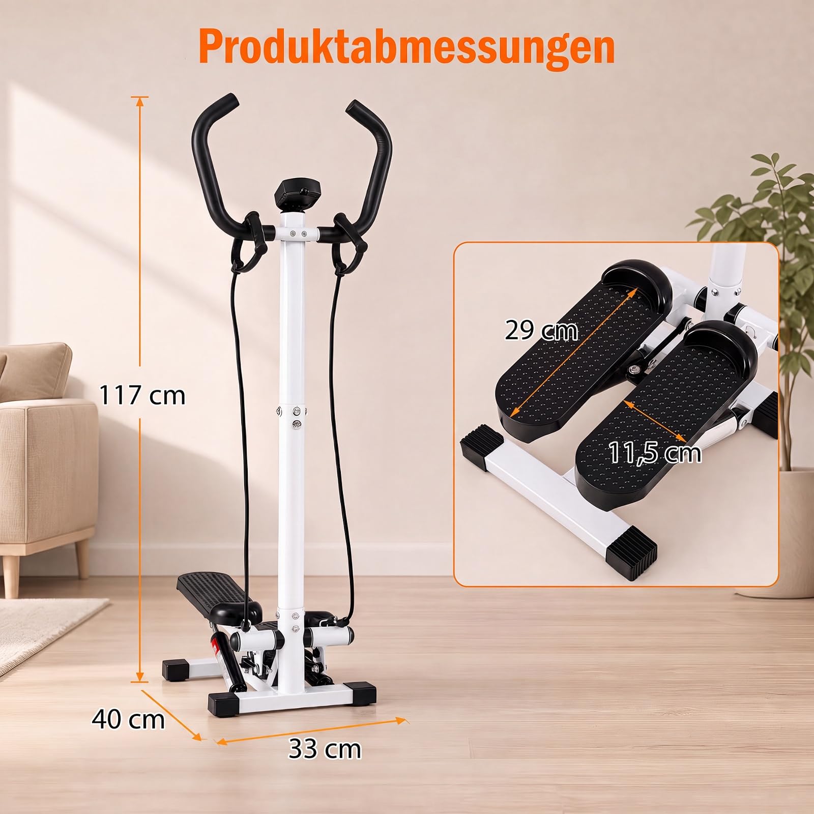 COSTWAY Mini stepper z kierownicą, cichy i antypoślizgowy | Stepper fitness z taśmami oporowymi i wyświetlaczem LCD, hydrauliczny rower treningowy do domu, biura