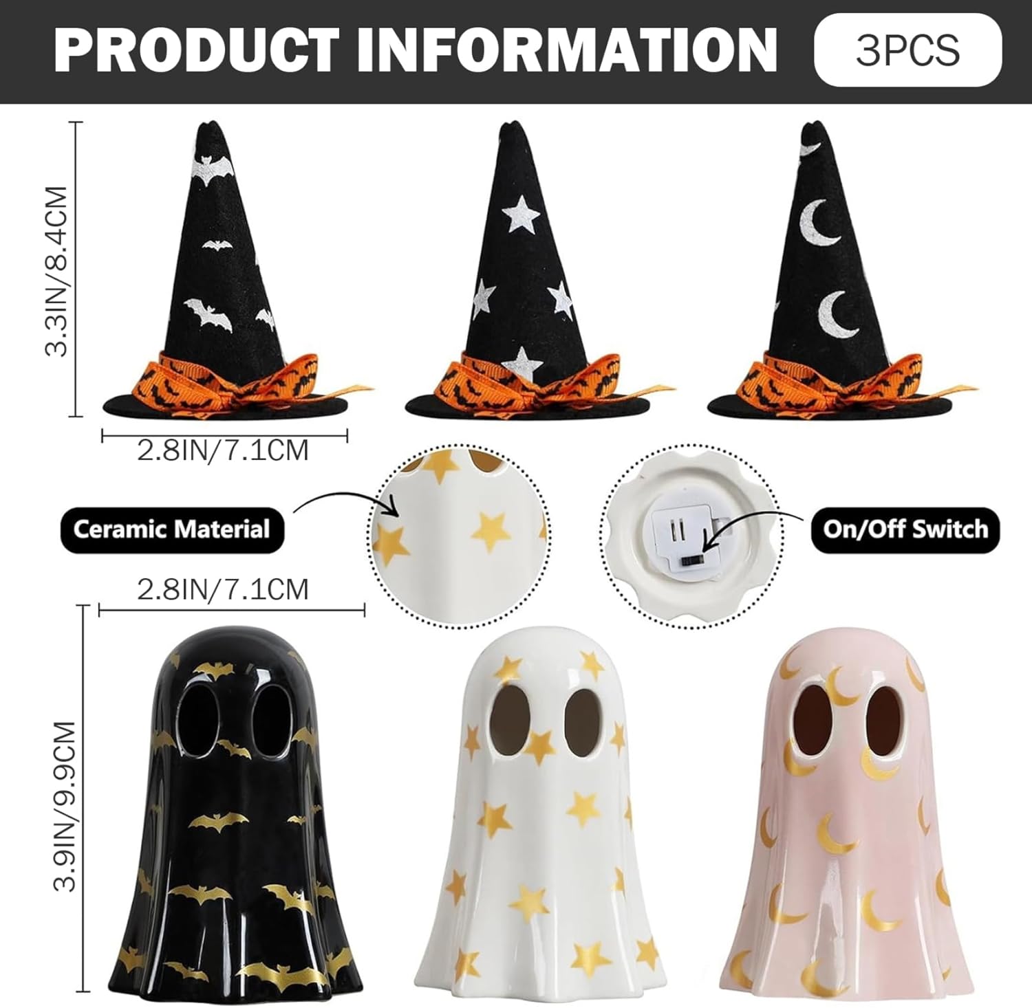 Halloween Decorations Ceramic Ghost Decor 3PCS Light up Cute Ghost Figurine with Witch Hat Spooky Home Decor for Mantel Shelf & Tabletop