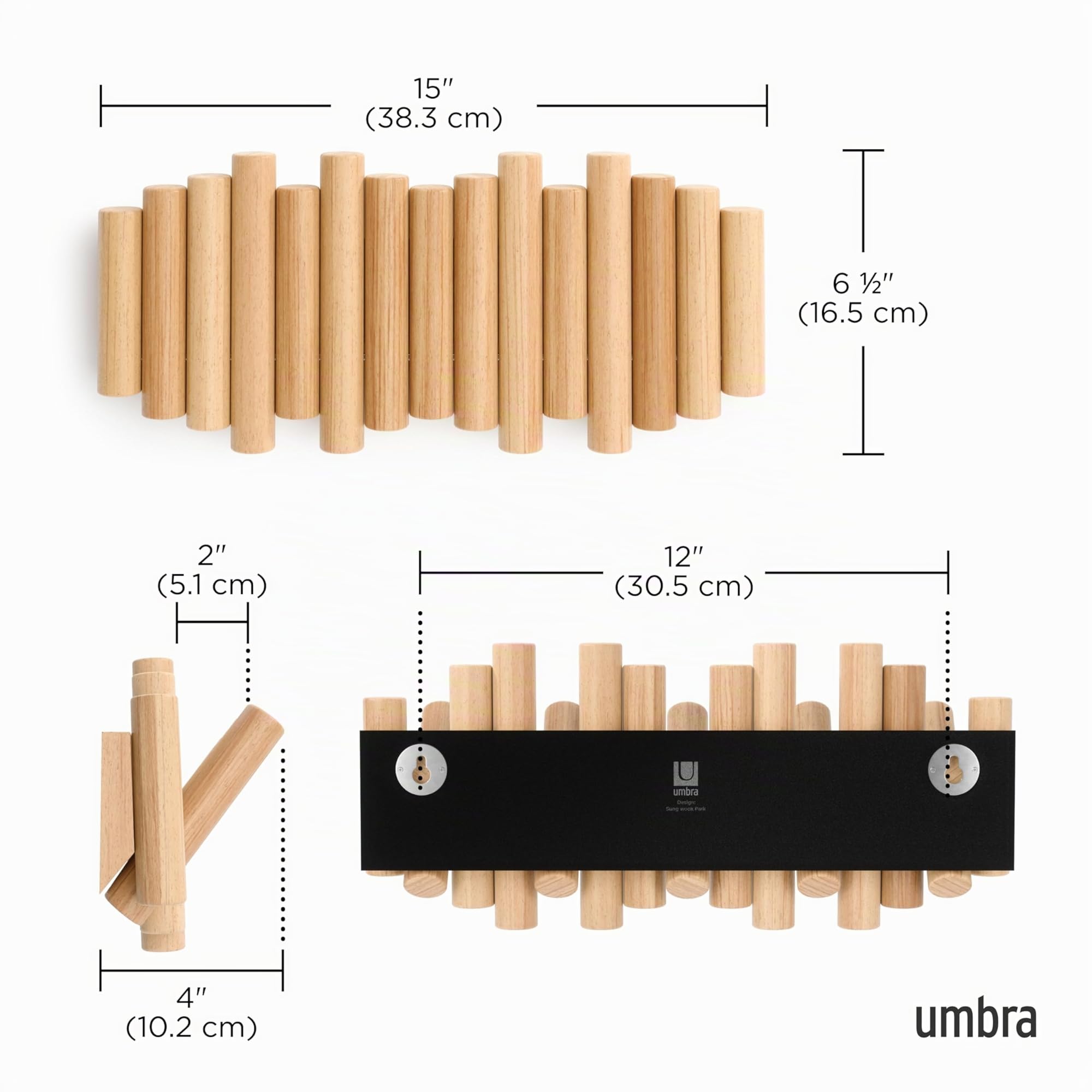 Umbra Picket 5. Patère Murale 5 crochets, en Bois Naturel, 37,1x16,5x4,4 cm