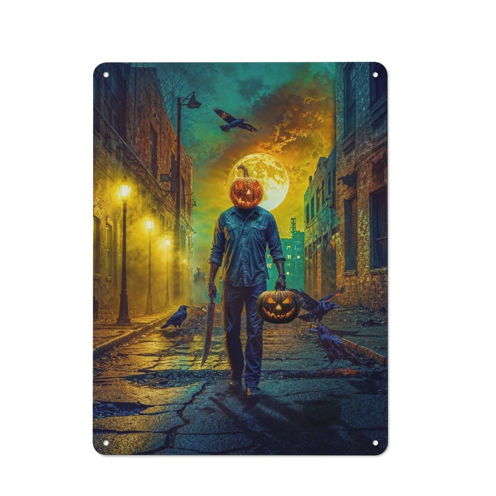 Junmoney Halloween Pumpkin Head Man Garage Metal Sign 40X30cm, Retro Workshop Wall Decor For Tool Room, Garage, Studio Or Home Bar