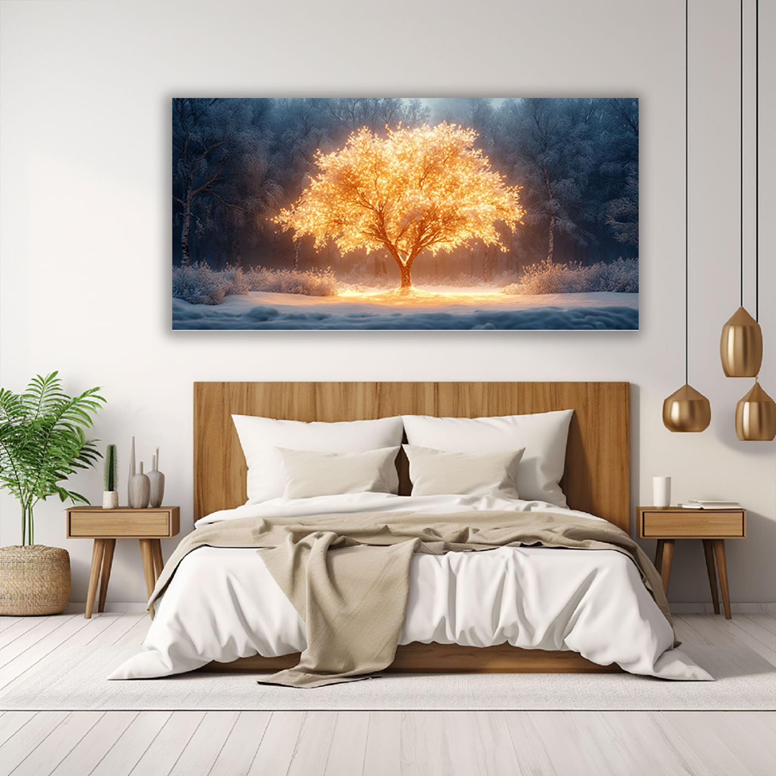 TERUEA Cuadros Decoracion Salon yoga femenino Lienzos decorativos Patrón: Árbol Iluminado Oro y Azul, Bosque Nevado​ Moderno Dormitorio Cocina Cuadros Pared Imágenes （Blanco​-50x100cm1 Sin marco