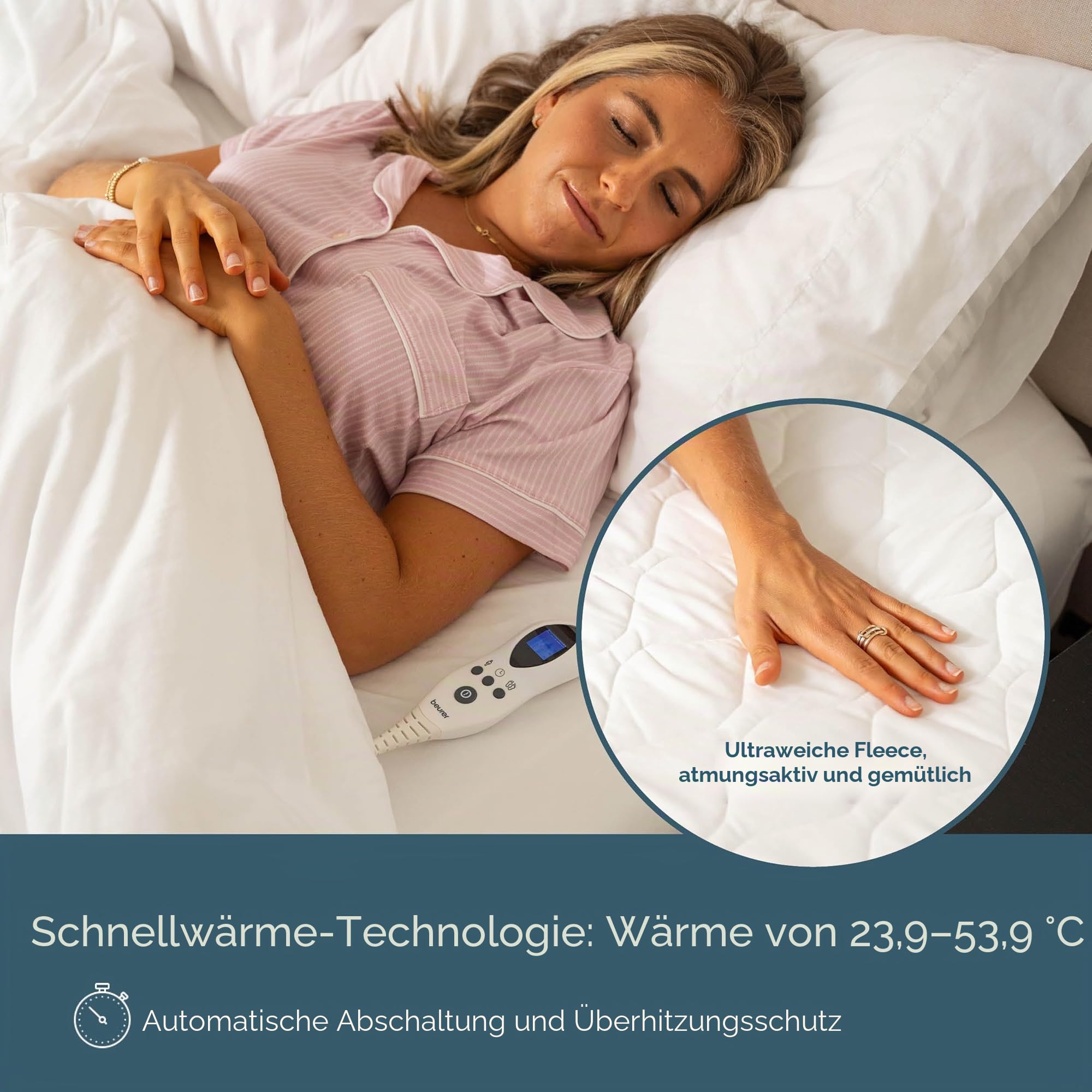 Beurer UWB70 Beheizter Matratzenschutz für Doppelbett, elektrischer Matratzenbezug mit getrennter Fuß-/Körperwärme, automatische Abschaltung, 9 Heizstufen, Schutz