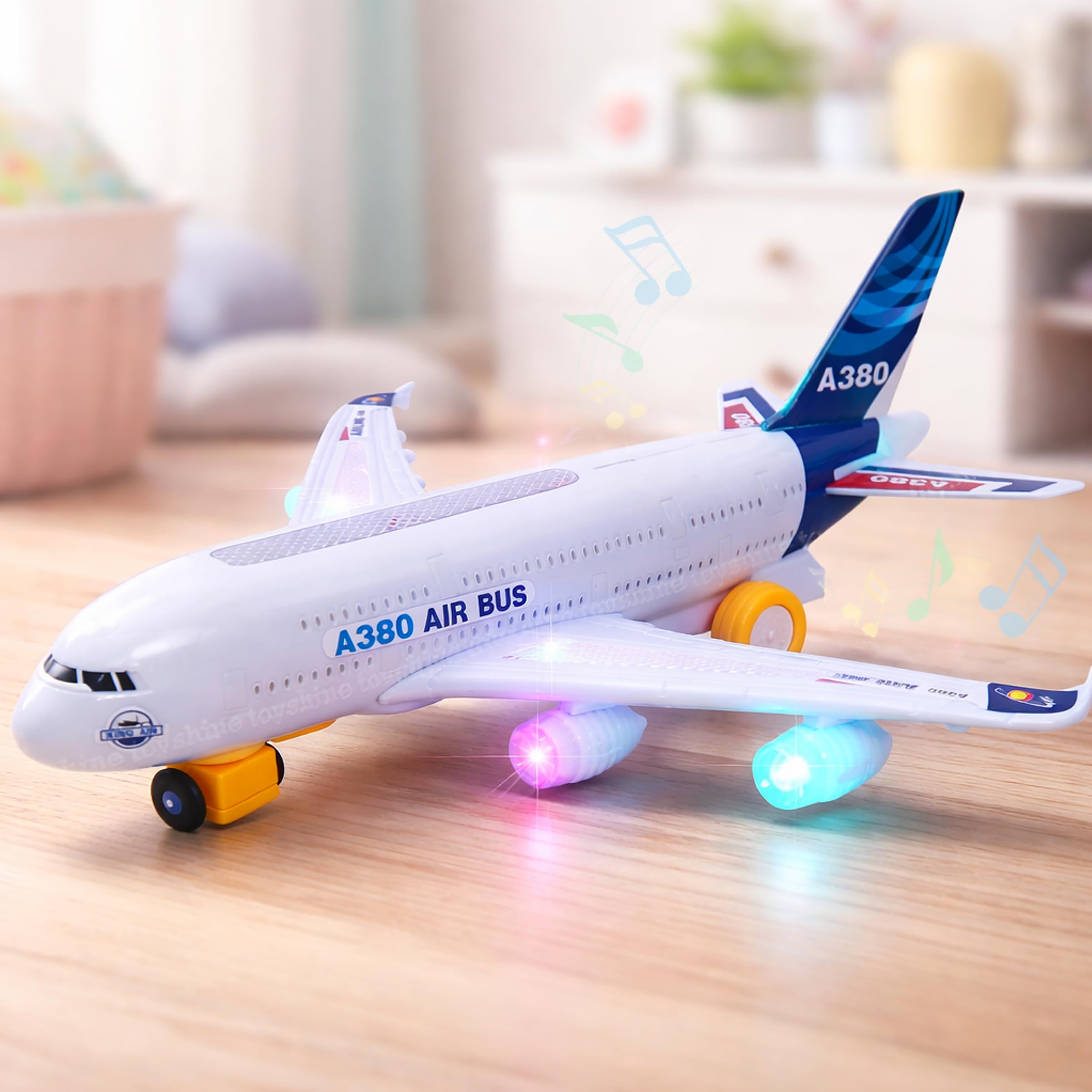 Toyshine Airplane Toys for Kids, Bump and Go Action, Toddler Toy Plane with LED Flashing Lights and Sounds for Boys & Girls 3-12 Years Old (A380)- Mix Design-image-44