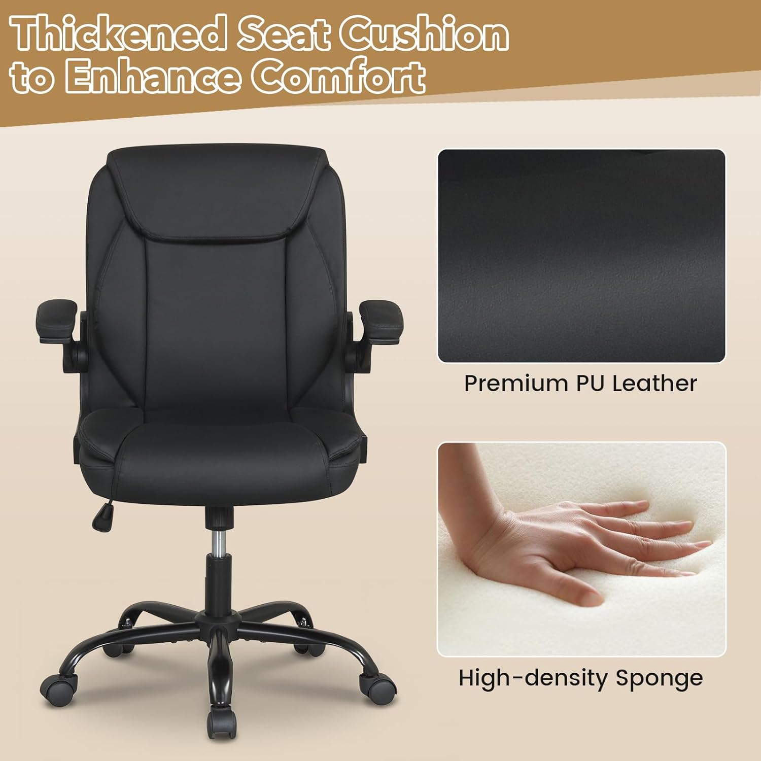 Giantex Leather Office Chair, Ergonomic Computer Desk Chair with Flip-up Arms, Rocking Function, Adjustable Height, Rolling Executive Gaming Chair with Wheels, Swivel Task Chair for Home Office, Black