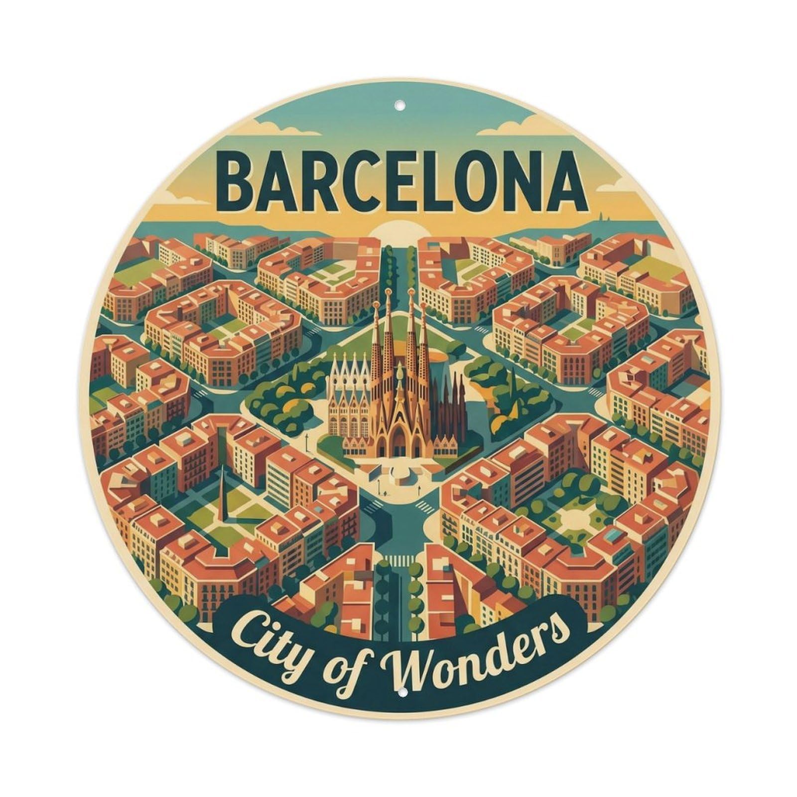 Vintage Travel Barcelona Aerial View Spanish Cityscape Metal Tin Sign Plaque Wall Decor for Cafe, Club, Garden Round Metal Poster 8x8Inch