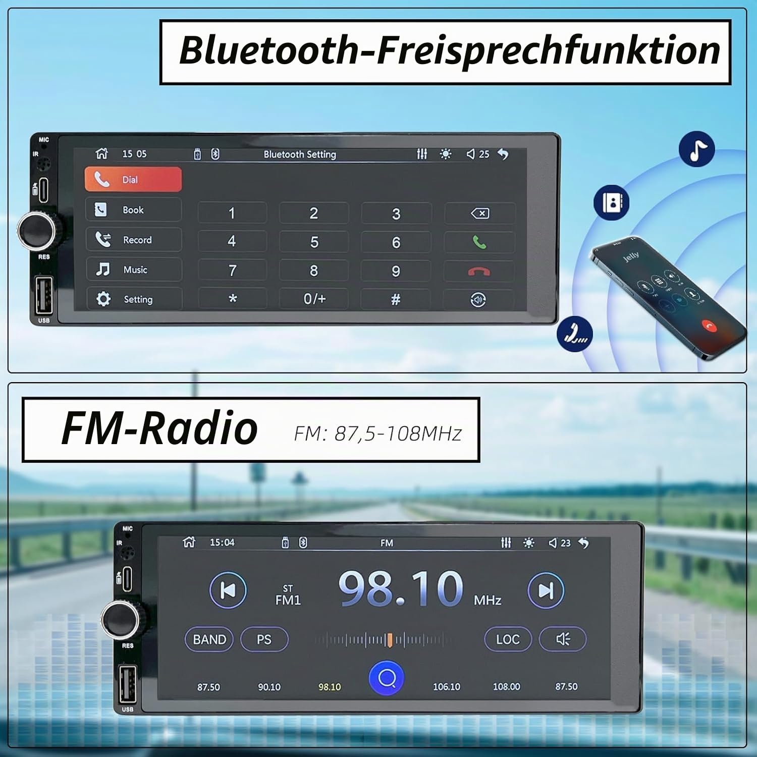 Stereo 1 DIN mit Bildschirm, 6,86 Zoll Touchscreen Autoradio Carplay 1 Din, Radio Auto Car Play unterstützt Mirror Link mit Rückfahrkamera, Unterstützung Typ-C Lade/USB/Mic/EQ/SWC