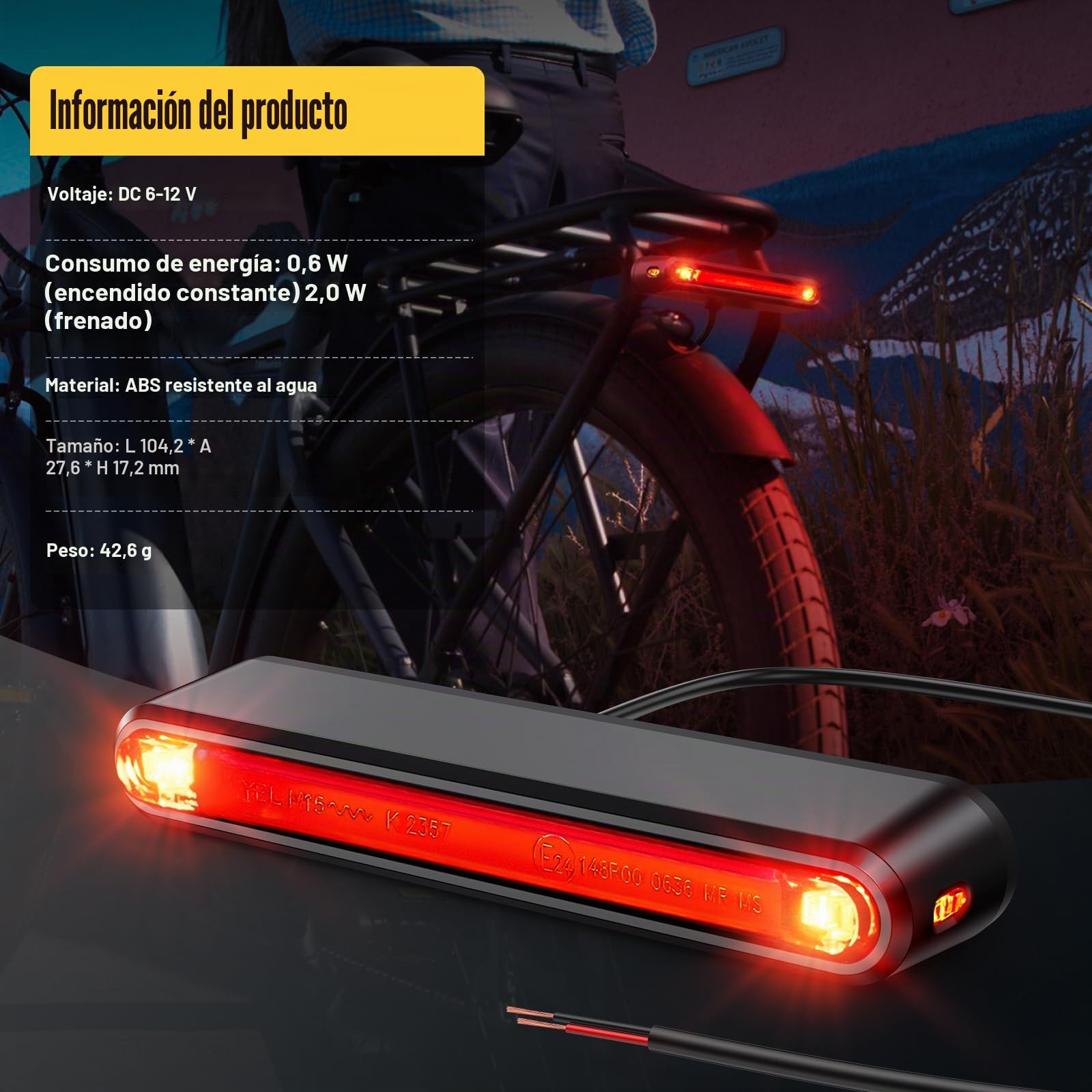 Ebike - Luz trasera para bicicleta eléctrica (6 – 12 V, con luz de freno, homologada por StVZO, luz trasera LED para bicicleta eléctrica con cable, luz trasera segura y fiable, portaequipajes)