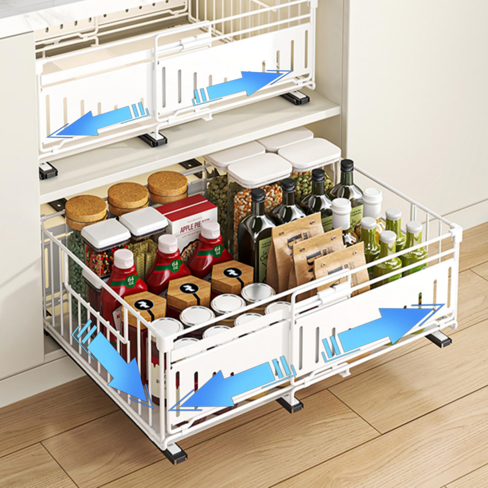 HABITELLO Expandable Pull Out Cabinet Organiser, No Drill Adhesive Slide Out Kitchen Drawer Shelf Durable Metal for Under Sink, Cupboard, Pantry, Adjustable Width (32.5-50cm) (Style A White, 2-Pack)