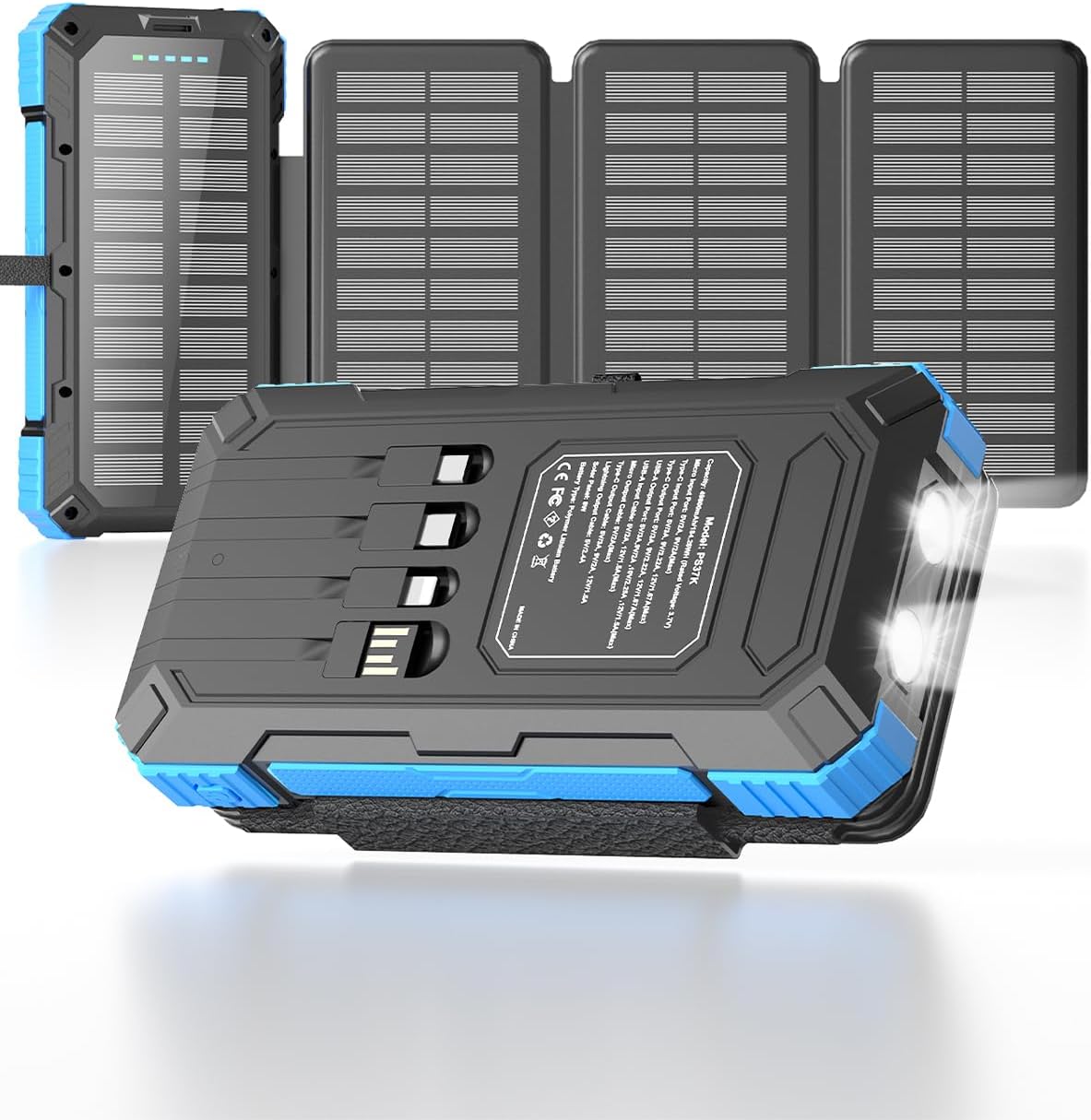 Chargeur solaire Power Bank 49800mAh avec 4 câbles intégrés et 3 panneaux pliables, chargeur de téléphone portable rapide PD22.5W, batterie externe avec entrée/sortie USB-C et lampe de poche pour le camping en plein air