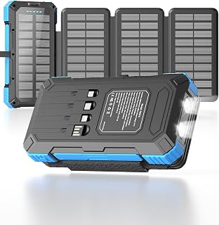 Kepswin 49800mAh Solar Power Bank with 4 Built-in Cables, 4 Foldable Panels, 22.5W PD Fast Charge, Flashlight for Camping