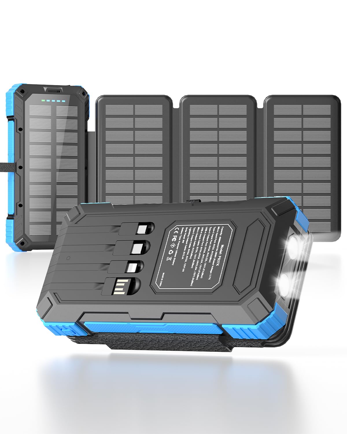 Solar Charger Power Bank 49800mAh with 4 Built-in Cables 3 Foldable Panels PD22 5W Fast Portable Phone Charger