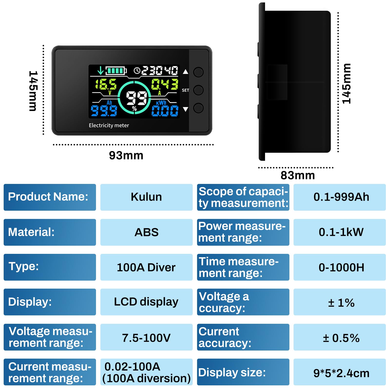 DEWIN Battery Monitor,DC 7.5-100V 100A Battery Monitor Shunt Monitor Batterie Amperometro Digitale 12V Amperometro e Voltmetro per Batteria Auto con display LCD
