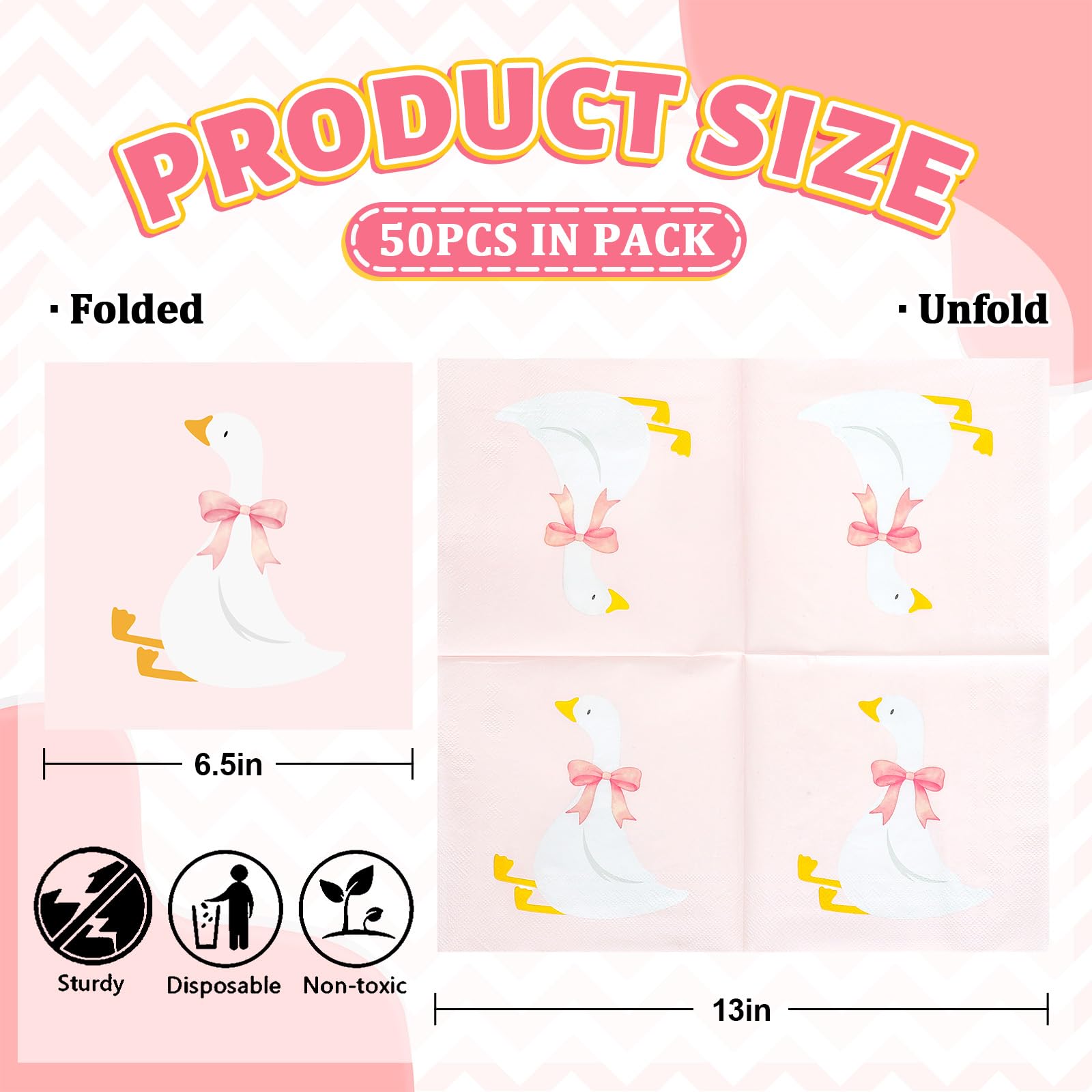 FYSUIMU 50 servilletas de papel de ganso tonto con lazo rosa, servilletas desechables para almuerzo, cena, para cumpleaños, baby shower, fiesta, suministros de mesa