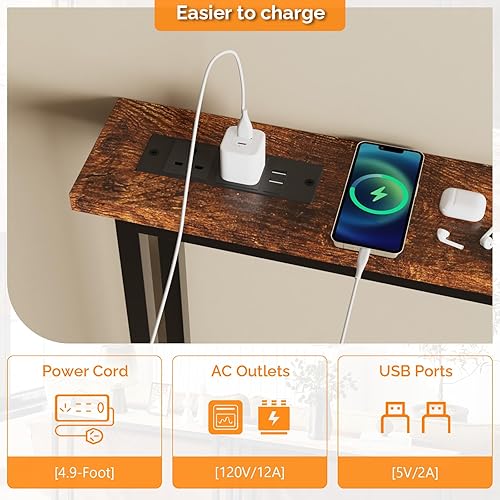 Miniatura 4 de VINGLI Juego de 2 mesas consola de 79 pulgadas con estación de carga, mesa de sofá estrecha de 5.9 pulgadas, mesa de entrada con toma de corriente,