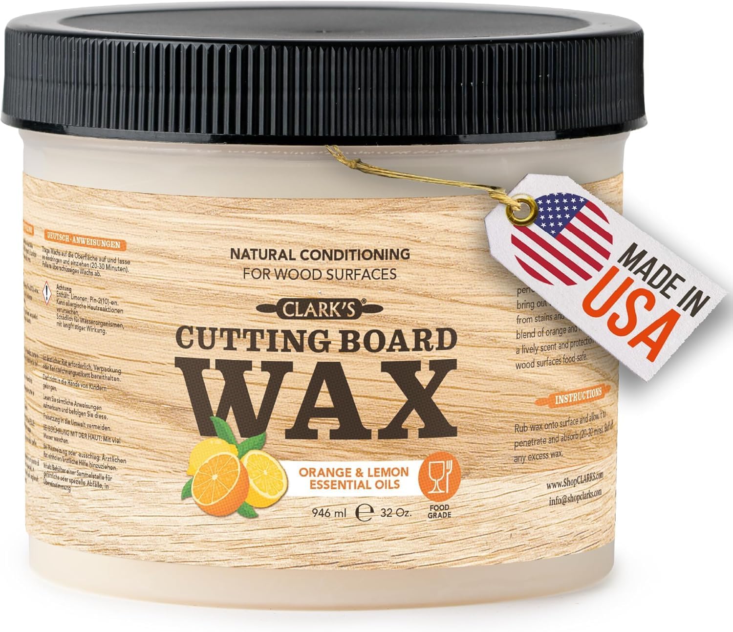 Chopping Board Finish Wax (32oz) by CLARK'S - Enriched with Lemon & Orange Oils - Woodworker - Restaurant Size - Chopping Block Wax