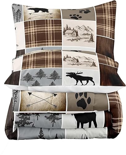 Miniatura 4 de LUVIVIHOME Juego de edredón rústico de 3 piezas, tamaño King, oso negro, ciervo, alce, alce, bosque, animales del bosque, caza de vida silvestre,