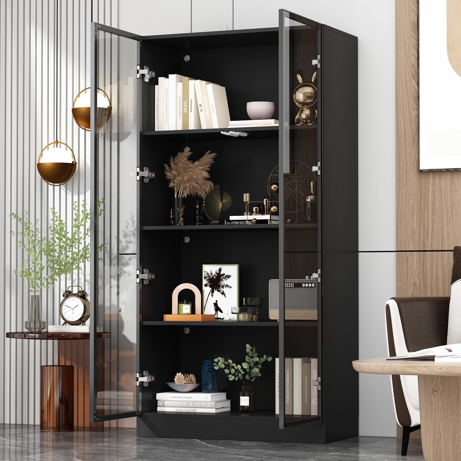 Vetrina in vetro con illuminazione, vetrina in vetro di colore nero, vetrina da collezione, in vetro multifunzione, con ripiani a 4 livelli, 40 x 160 x 80 cm
