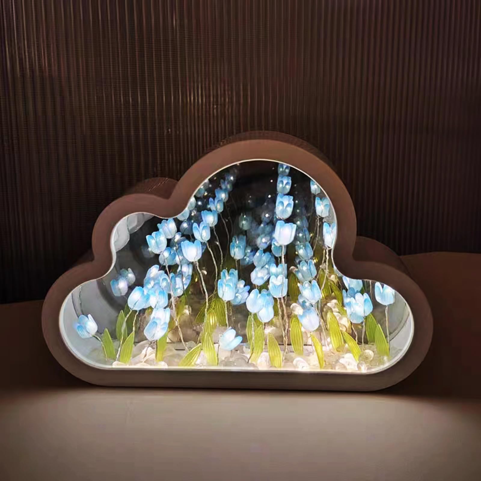 Yevheniy 20 Flowers DIY Tulip Mirror Night Light, LED Handmade Tulip Ocean Cloud Lights, 2 in 1 Mirror & Table Lamp Decoration Ornaments, Bedside Lamp for Couple, Friends, Children (Blue)