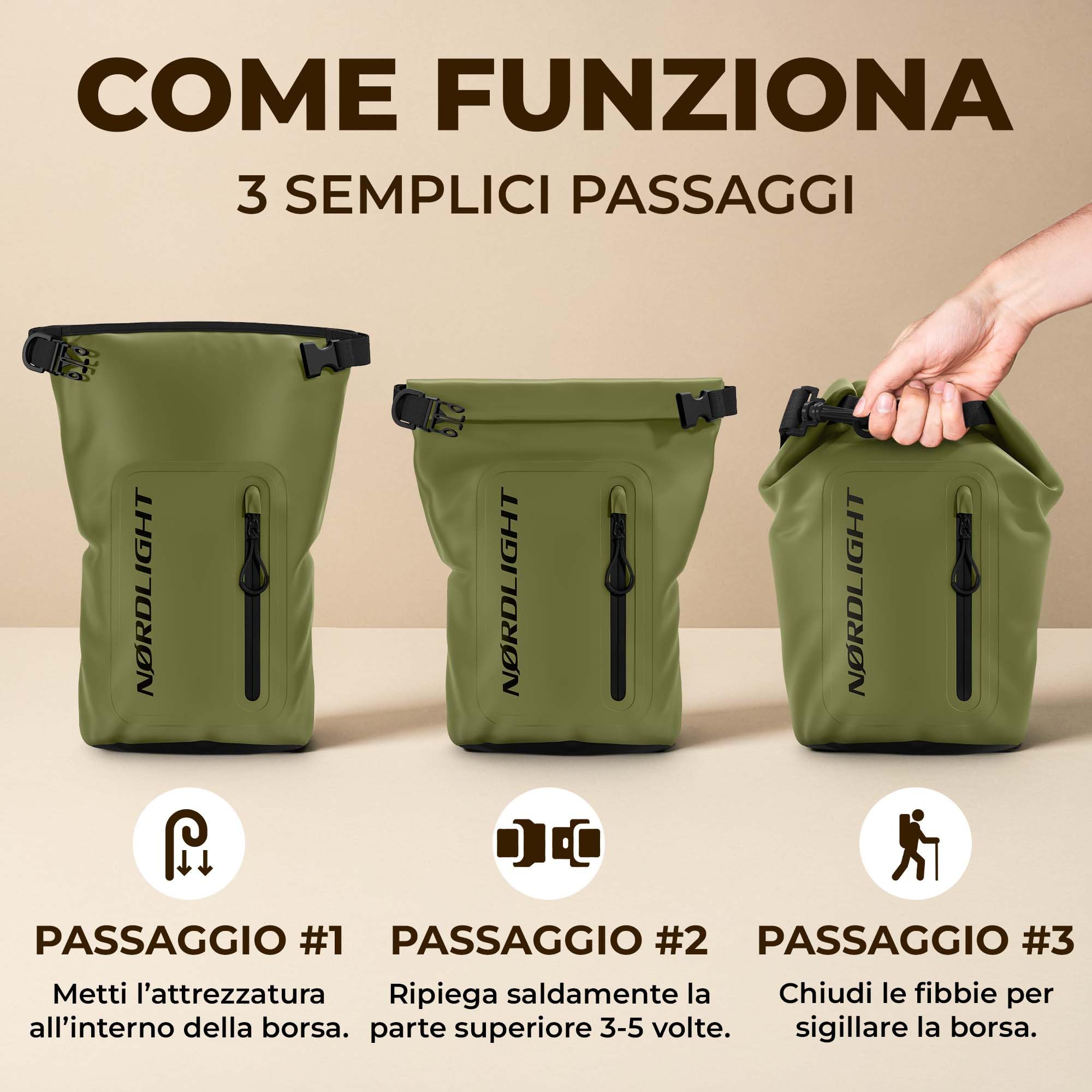Nordlight Dry Bag Sacca Impermeabile + Custodia per Cellulare + Chiusura Arrotolabile, Tracolla | Zaino Impermeabile Sacca Stagna Borsa | Spiaggia, Canoa, SUP, Immersioni - Verde Oliva, 10 Litri