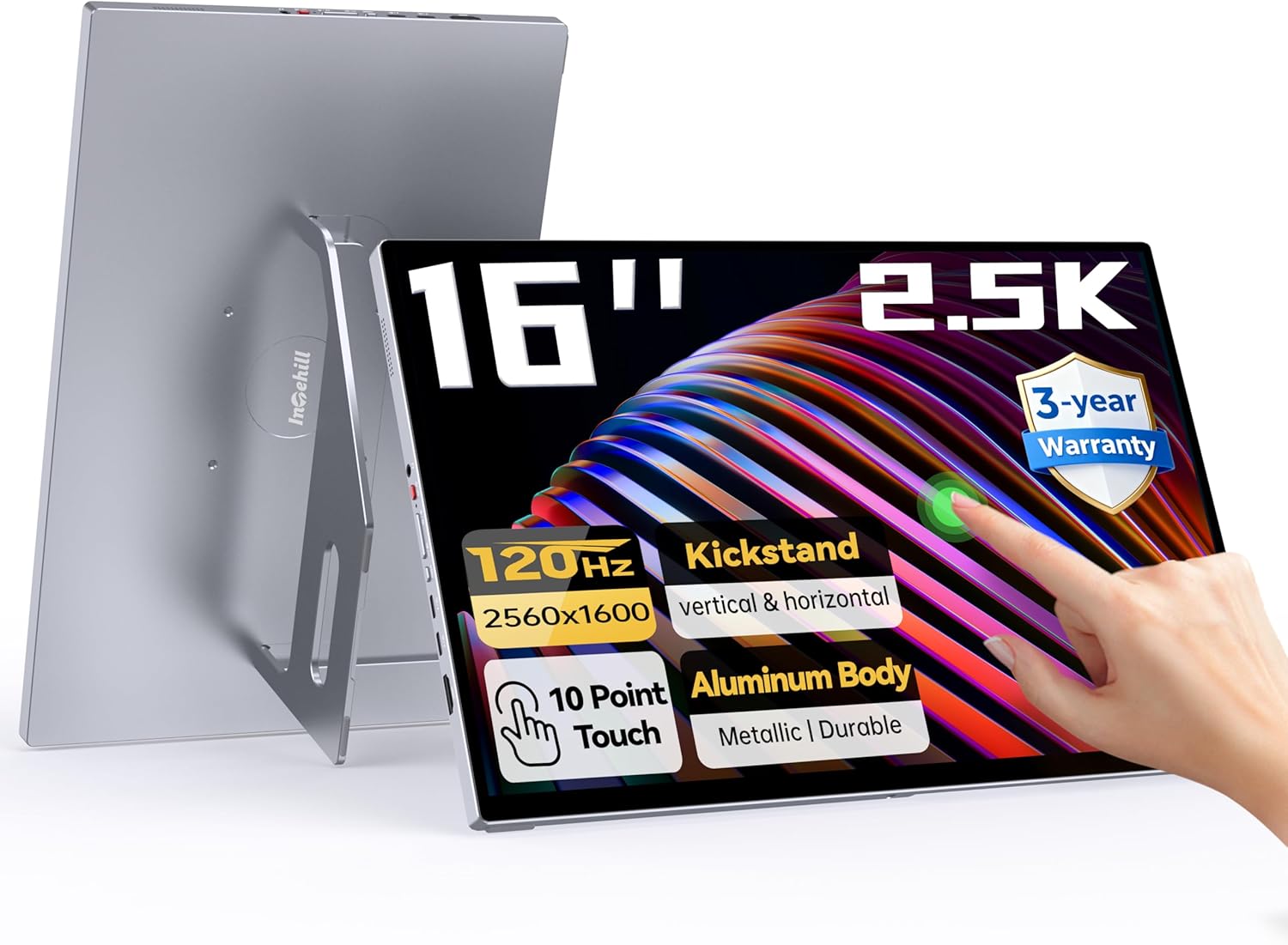 Intehill 16" 2.5K Touchscreen Portable Monitor, 120Hz Portable Gaming Monitor w/HDR & Freesync, 16:10 Display with Full Laminated Tempered Glass, Touch Screen Travel Monitor for Laptop, T16KB (Silver)