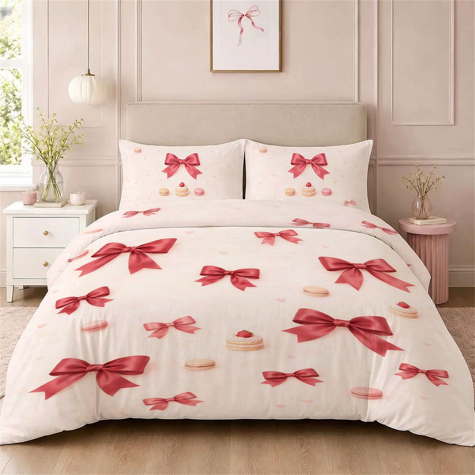 Vryxel Girls Kids Cake Bow Heart Bedding Double Duvet Cover Set Bed Zipper Pink Red 200 x 200 CM