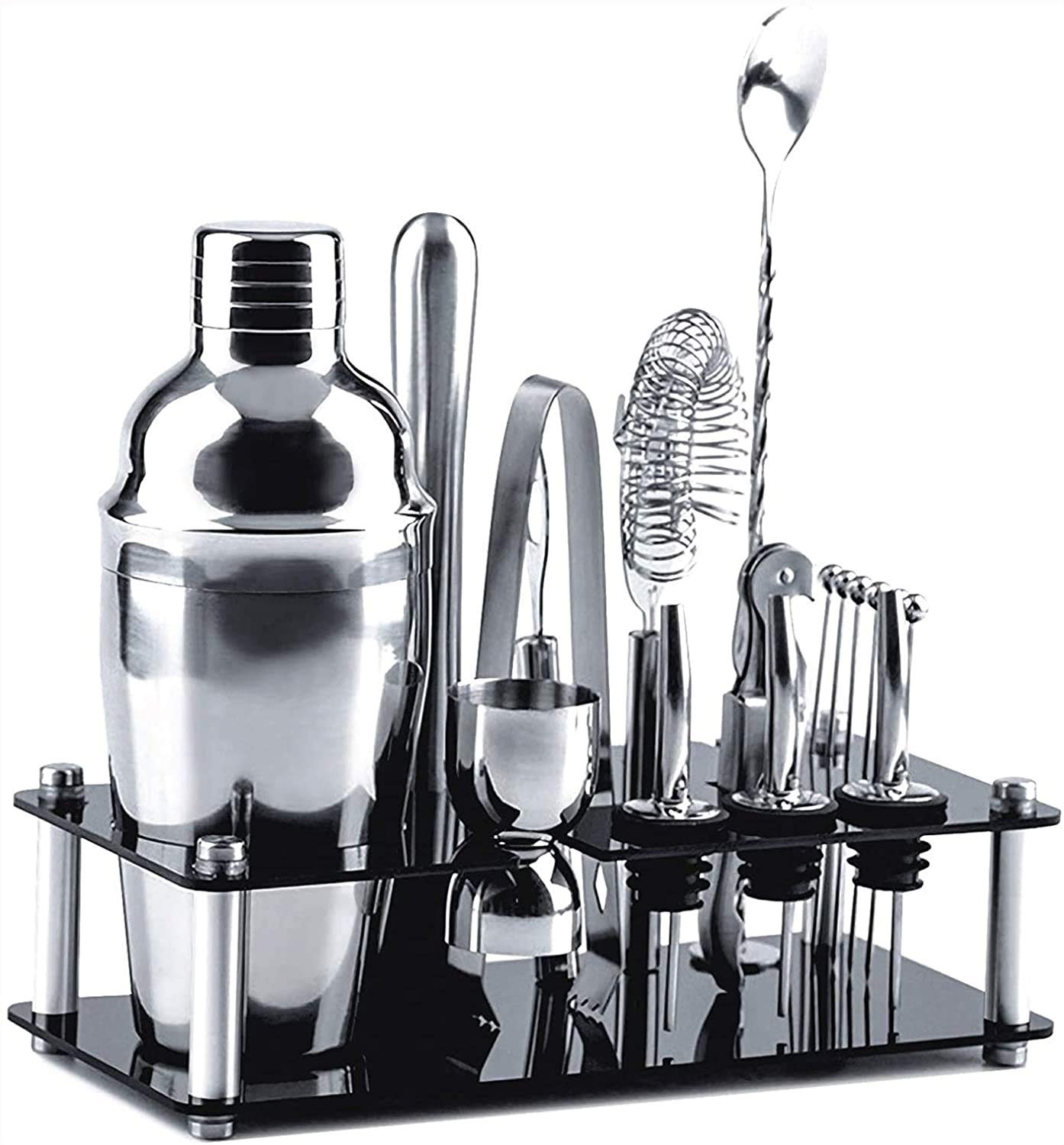Bartender Kit, Coctelero de 18 piezas Coctelera de cóctel Herramientas de barra de acero inoxidable con soporte, jigger, cuchara, colleros, muddler, colador, pinzas, tapones de la botella, abrel