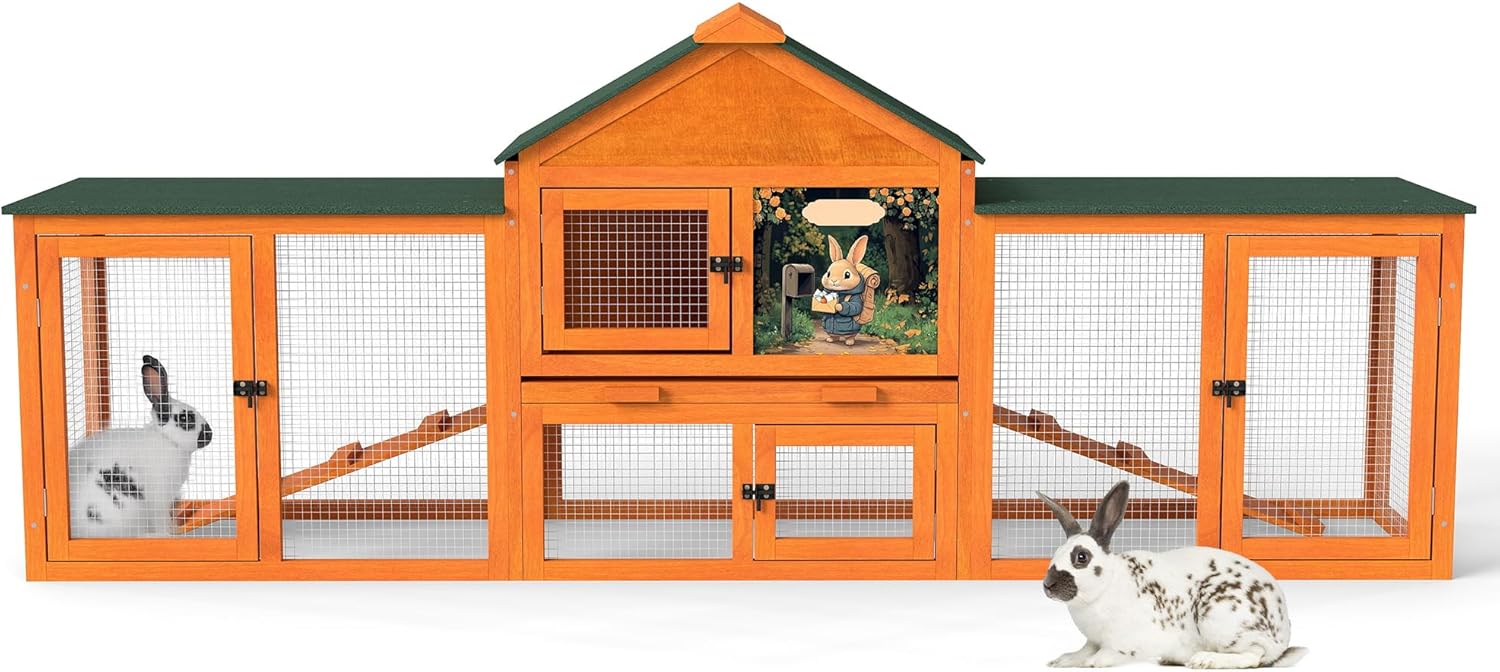 COZIWOW 83” Extra Large Wooden Rabbit Hutch Outdoor Easy to Assemble and Durable Rabbit Cage Bunny Hutch Indoor with Cleaning Tray & Waterproof Roof for Small and Medium Bunny Rabbit Chick (Orange)