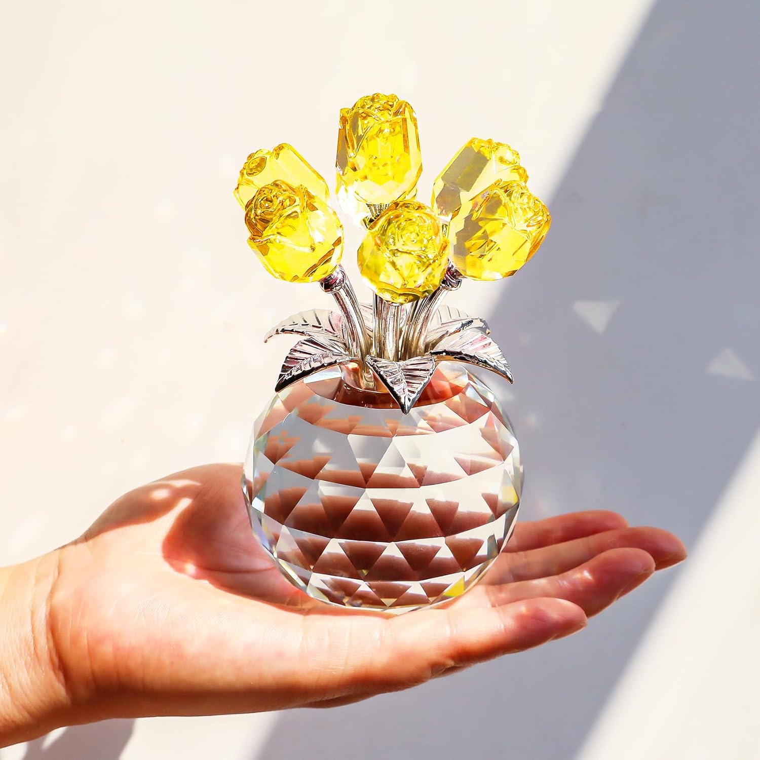 YWHL Handmade Crystal Yellow Rose Flower Figurine With Round Vase, Romantic Gifts for Wife Mom on Anniversary Birthday Mother's Day, Glass Flower for Sister Friends, Wedding Home Decorations