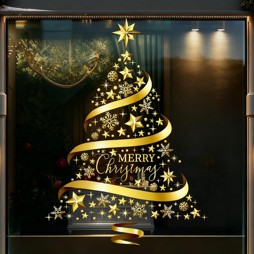 Large Golden Christmas Decorations Tree Window Clings Stickers for Home, Cafe, Mall Glass Door, DIY Static Wall Window Door Mural Showcase Decal Sticker