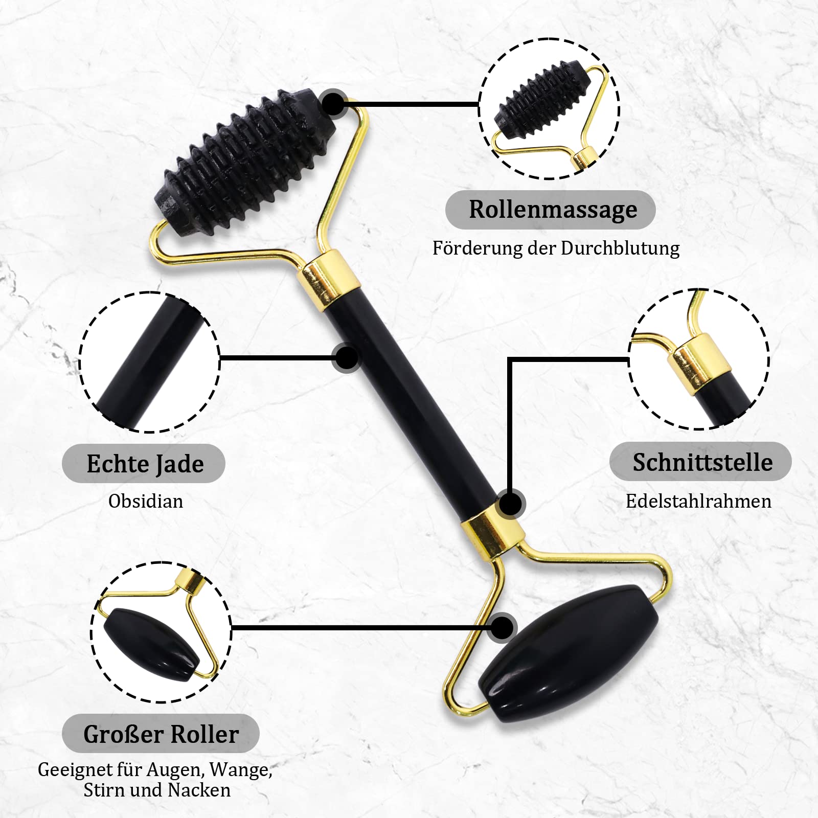 SOARFLY Jade Roller & Gua Sha Stone Set, 3-Piece Natural Obsidian Face Roller, Gua Sha Stone Massage Roller, Tightens Skin - Image 2