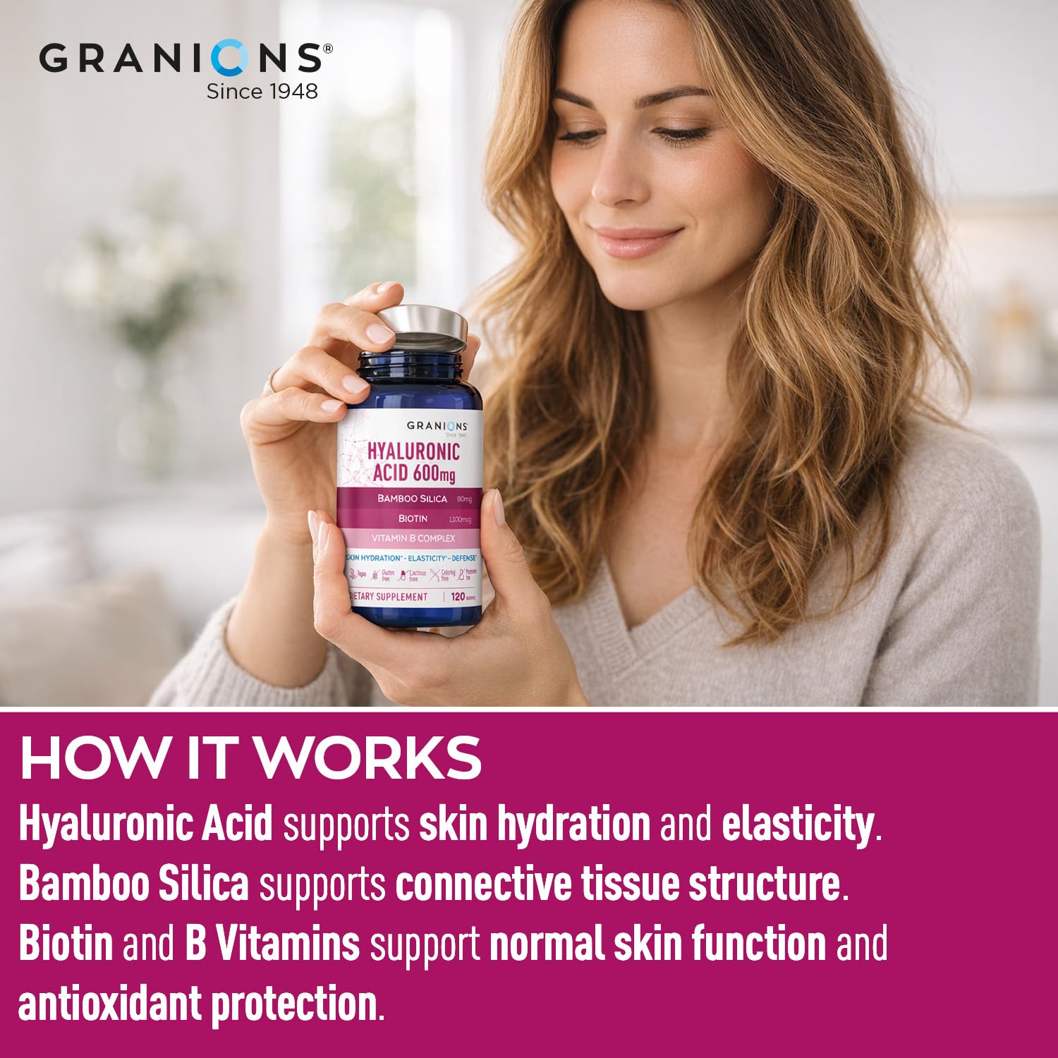 Granions Ultra Dosed Hyaluronic Acid Supplement 600mg - Intense Skin Hydration, Stimulates Collagen Production - Niacin, Biotin, Vitamin B Complex, Oral Hyaluronic Acid Supplements - 120 Vegan Tablets — Amazon image 8