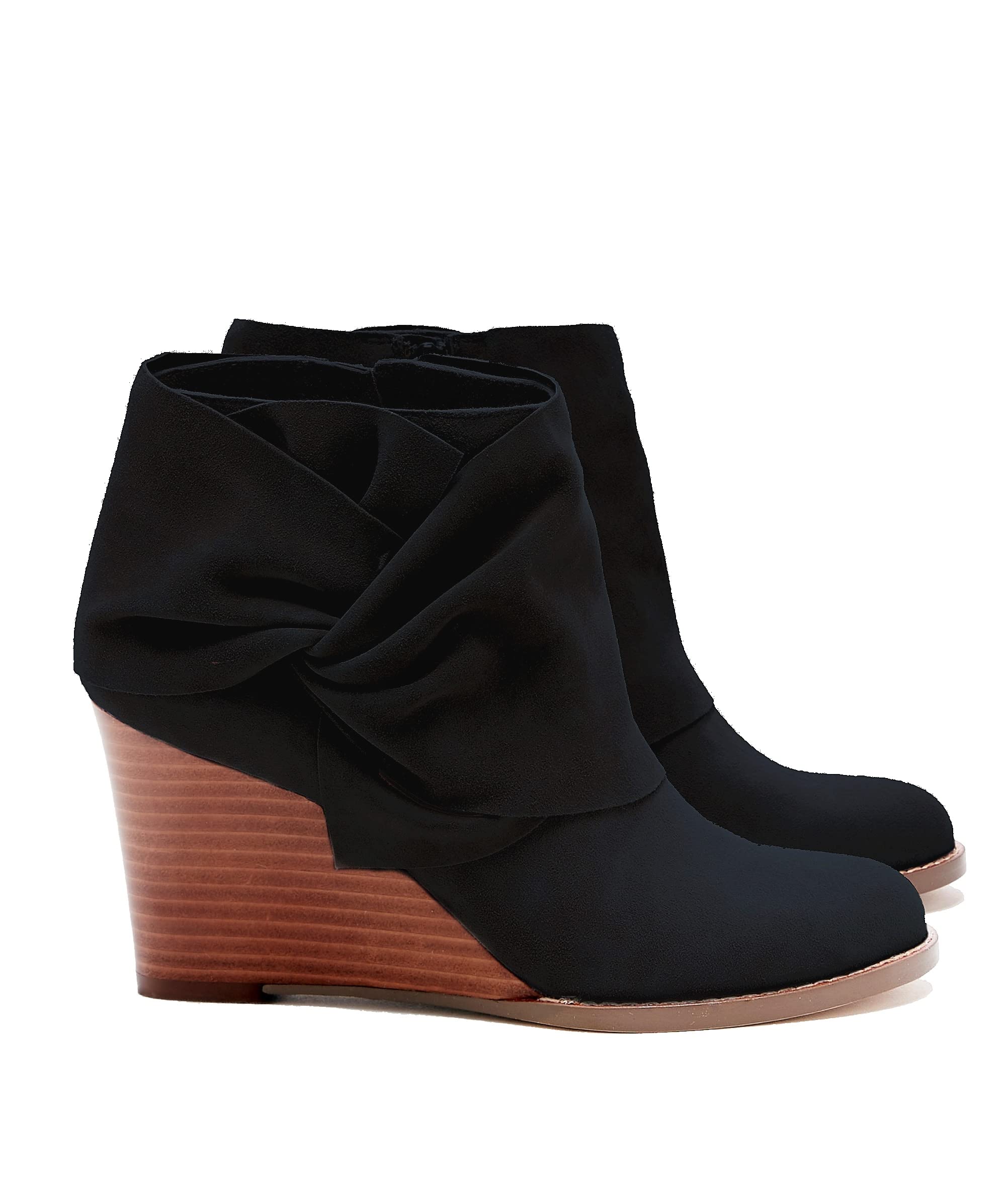Fashare Womens Wedge Booties Ankle Heels Boots Bow Knot Stacked Heeled Winter Dress Shoes