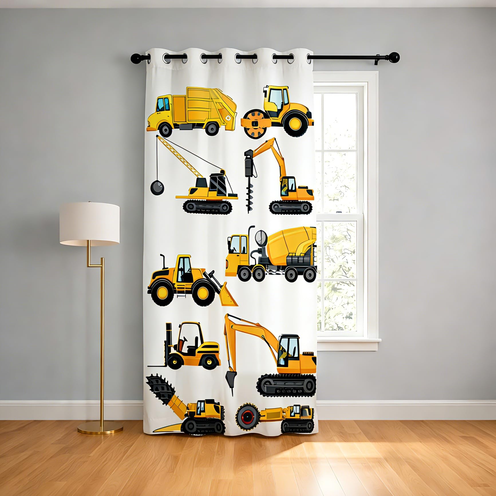 YONGFOTO Bagger Vorhang Kinderzimmer Baustelle Traktor Autos Lastwagen Bulldozer Verdunklungsvorhänge Jugendzimmer Junge mit Ösen 1 Stück 140 x 229 cm