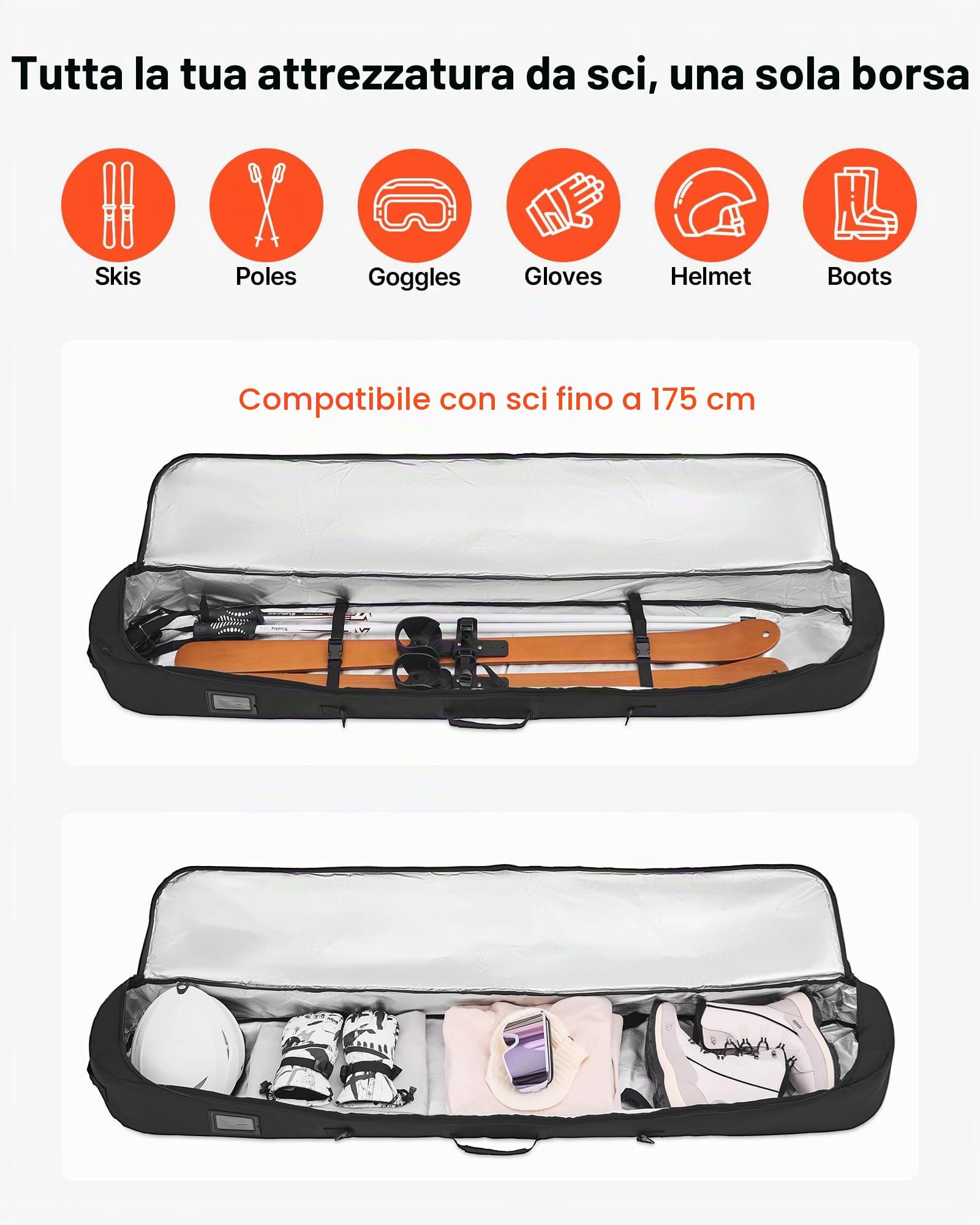 VEVOR Borsa da Snowboard, Fino a 165 cm, Borsa Imbottita per Sci e Snowboard, Tessuto Oxford Impermeabile 600D, con Cinghie Interne Regolabili, per Occhiali, Guanti, Casco e Scarponi Nero