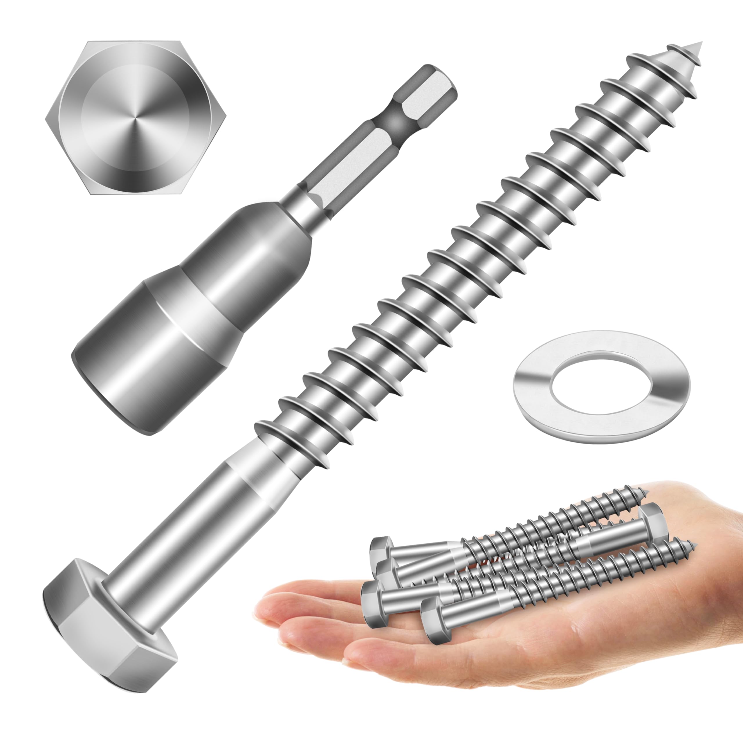 Mywish (10Sets) 3/8" x 3-1/2" Hex Head Lag Bolts, Heavy Duty Lag Screws with Washers, 304 Stainless Steel Bolts 18-8, Lag Screws Wood Screws, Partial Thread Bright Finish, 3/8 Bolt