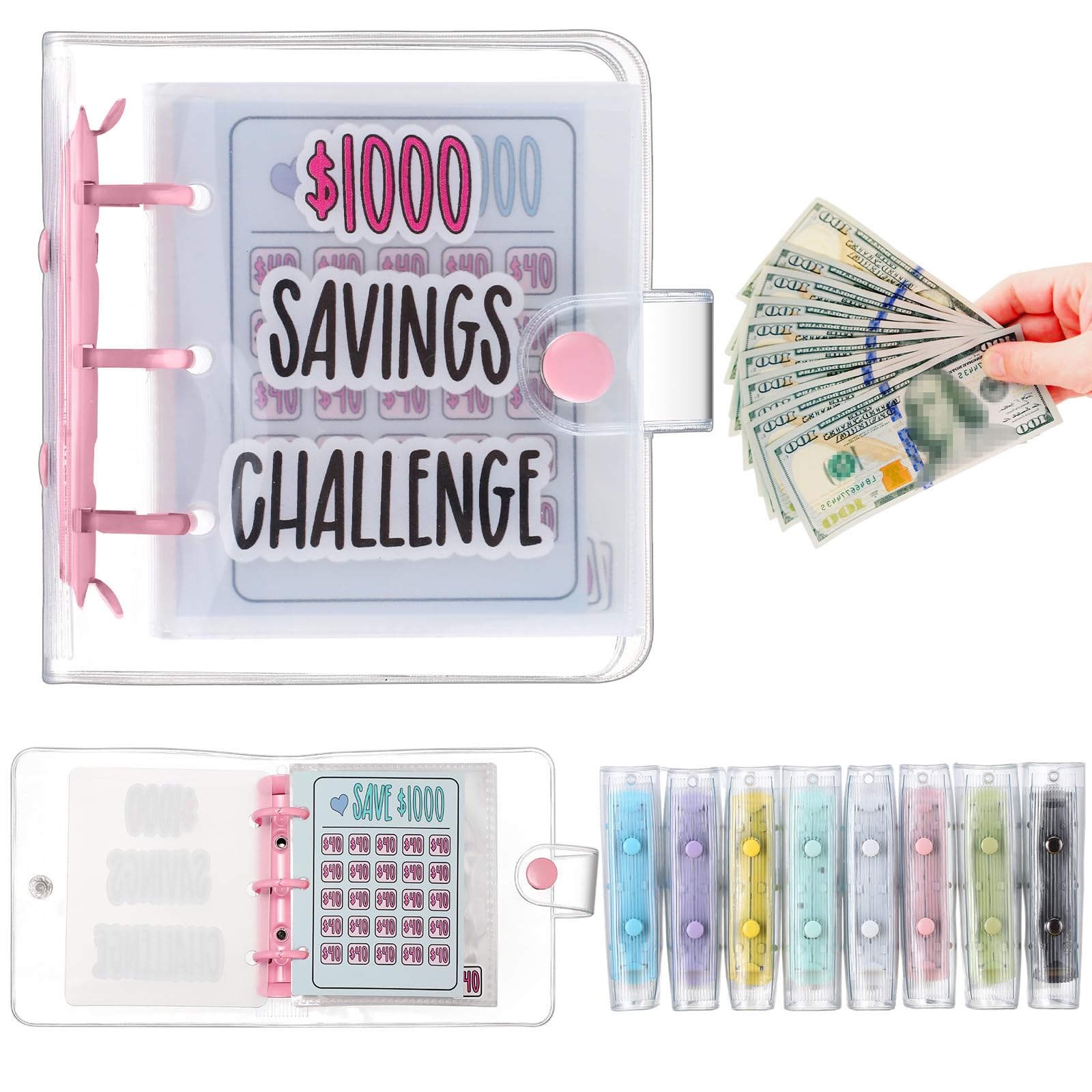 Jetec 1 Pcs 1000 Mini Money Saving Binder Money Saving Challenge Book with Envelopes for Budgeting Cash Planner Back to School Class Prize Exchange