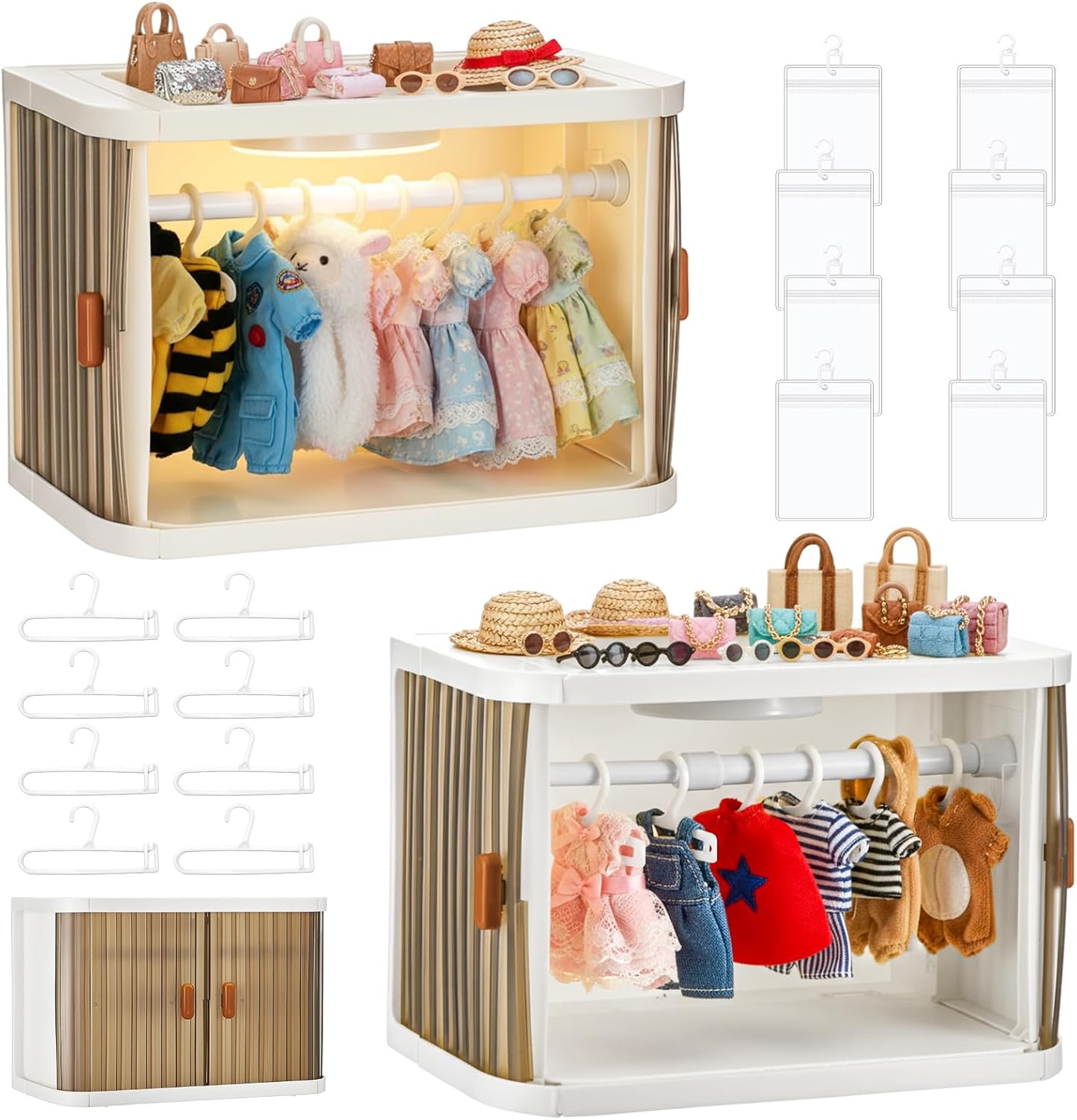 Foldable Doll Closet Wardrobe Storage Box Set with Night Light Doll Clothes Accessories Display Box, 8 Hangers and Rod Stackable Organizer Cabinet for 15/17cm Clothes with Dust Cover Display Rack