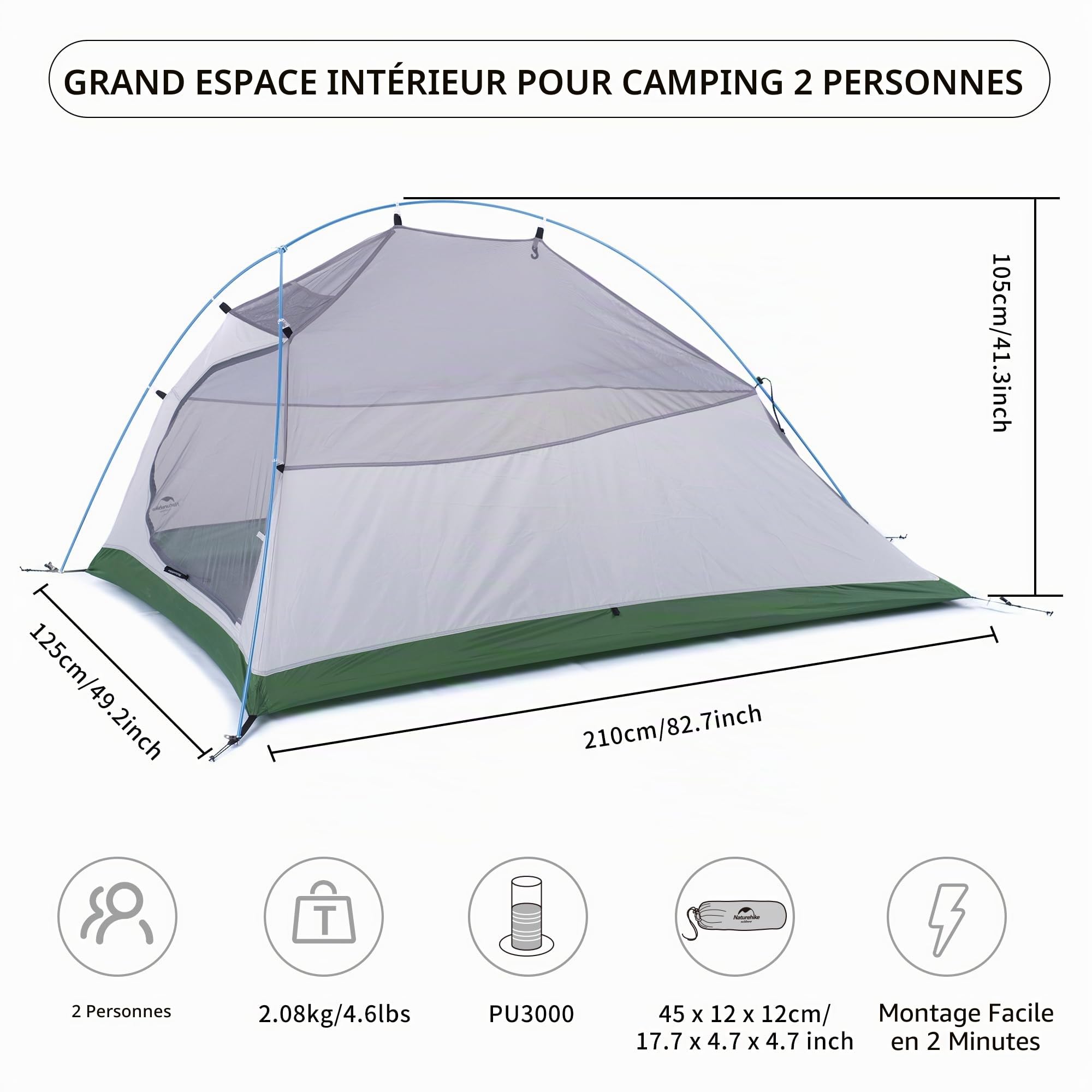 Naturehike Cloud-Up 2 Tente de Camping 2 Personnes 3-4 Saison Sac à Dos Léger Tente de Randonnée(Vert Upgrade 210T)