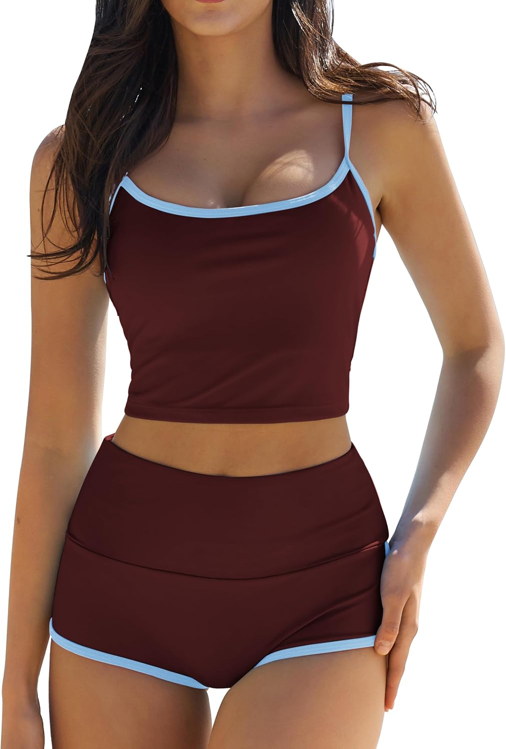 QINSEN Women's Two Piece Swimsuit Spaghetti Strap Crop Top with High Wasited Boyshort Style Bikini Bottom