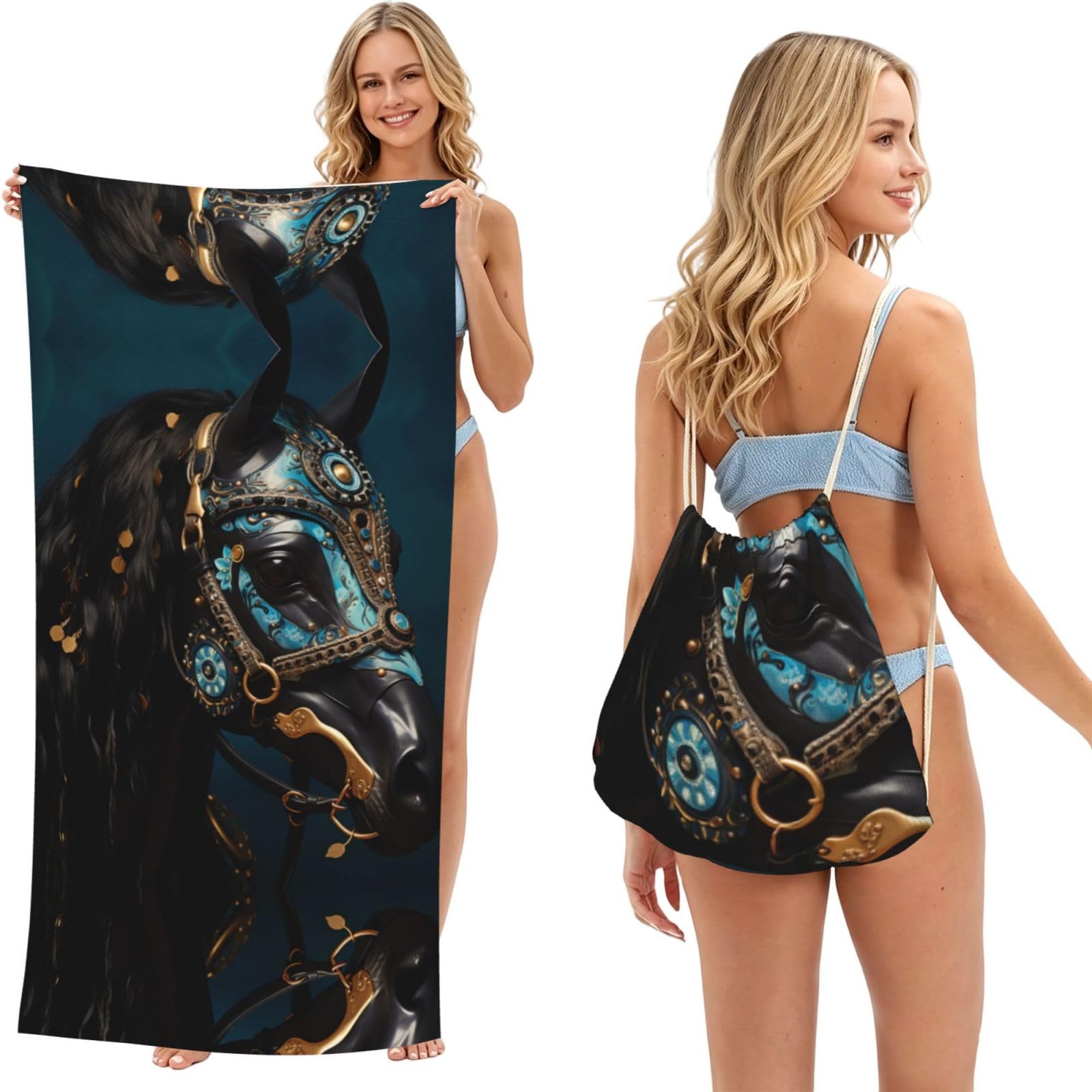 SXZVVBN Medieval War Horses 2-in-1 Beach Towel Bag, Quick Dry Sand Free Travel Towel Backpack for Adults