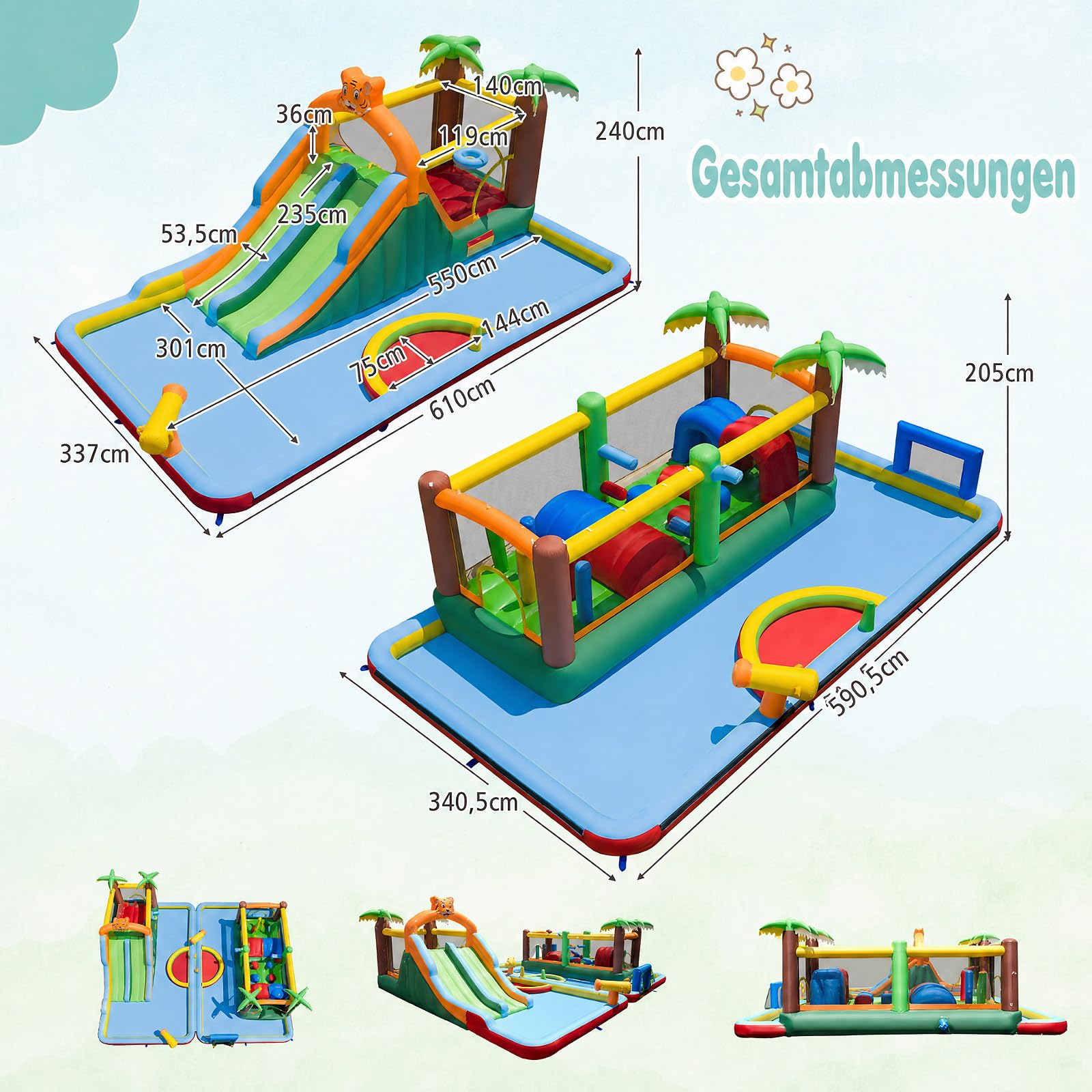 COSTWAY Hüpfburg XXL, Wasserpark, einzeln oder kombiniert verwenden | Bouncy Castle mit 2 Rutschen, Sprungbereich, Kletterwand, Ringwurfspiel, Planschbecken & 2 Wasserpistolen