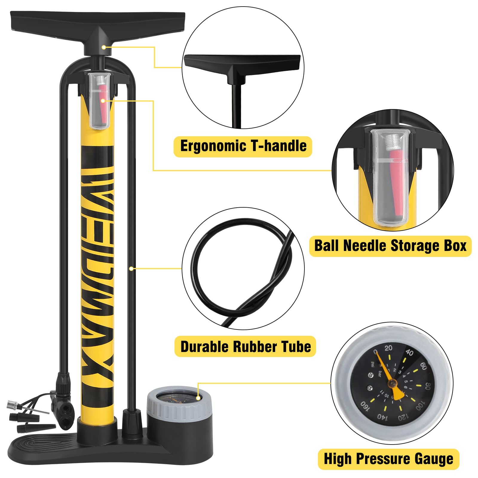 Pompa Per Bicicletta, Pompa Da Pavimento Per Bici Con Manometro, 11Bar/ 160Psi, Pompa Ad Aria Per Bicicletta Con Valvole Presta E Schrader Per Bici Da Corsa, MTB, E-Bike, BBici Da Trekking, Palloni