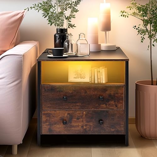 Miniatura 8 de Mesita de noche de 27 pulgadas de ancho, mesita de noche grande de madera con 2 cajones, mesita de noche LED con estación de carga y cajón