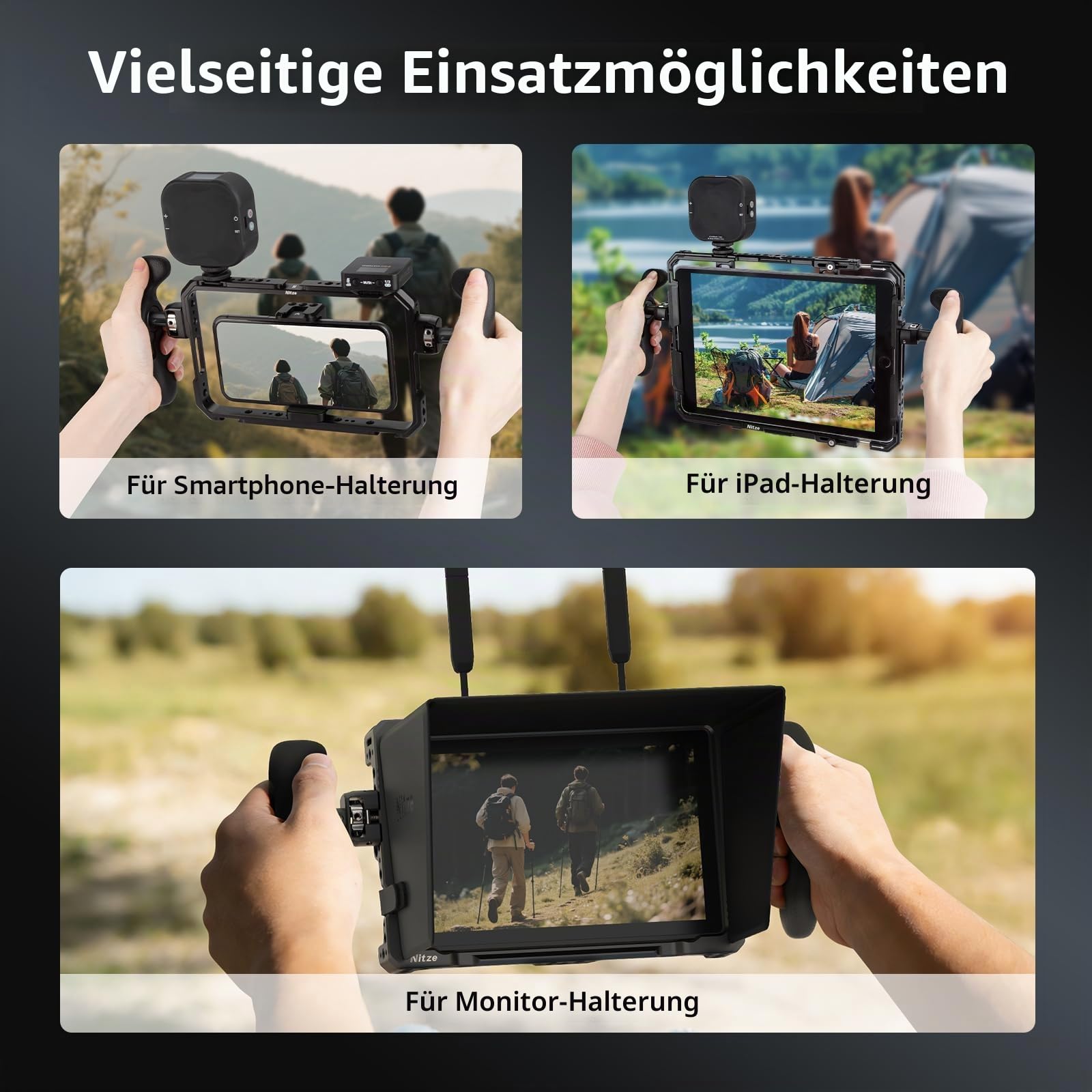 Nitze PA32D Seitengriff-Kit mit 1/4"-Schraube und abnehmbaren Positionierstiften, 360° verstellbare Griffe für Smartphone/iPad/Monitor/Kamerakäfige