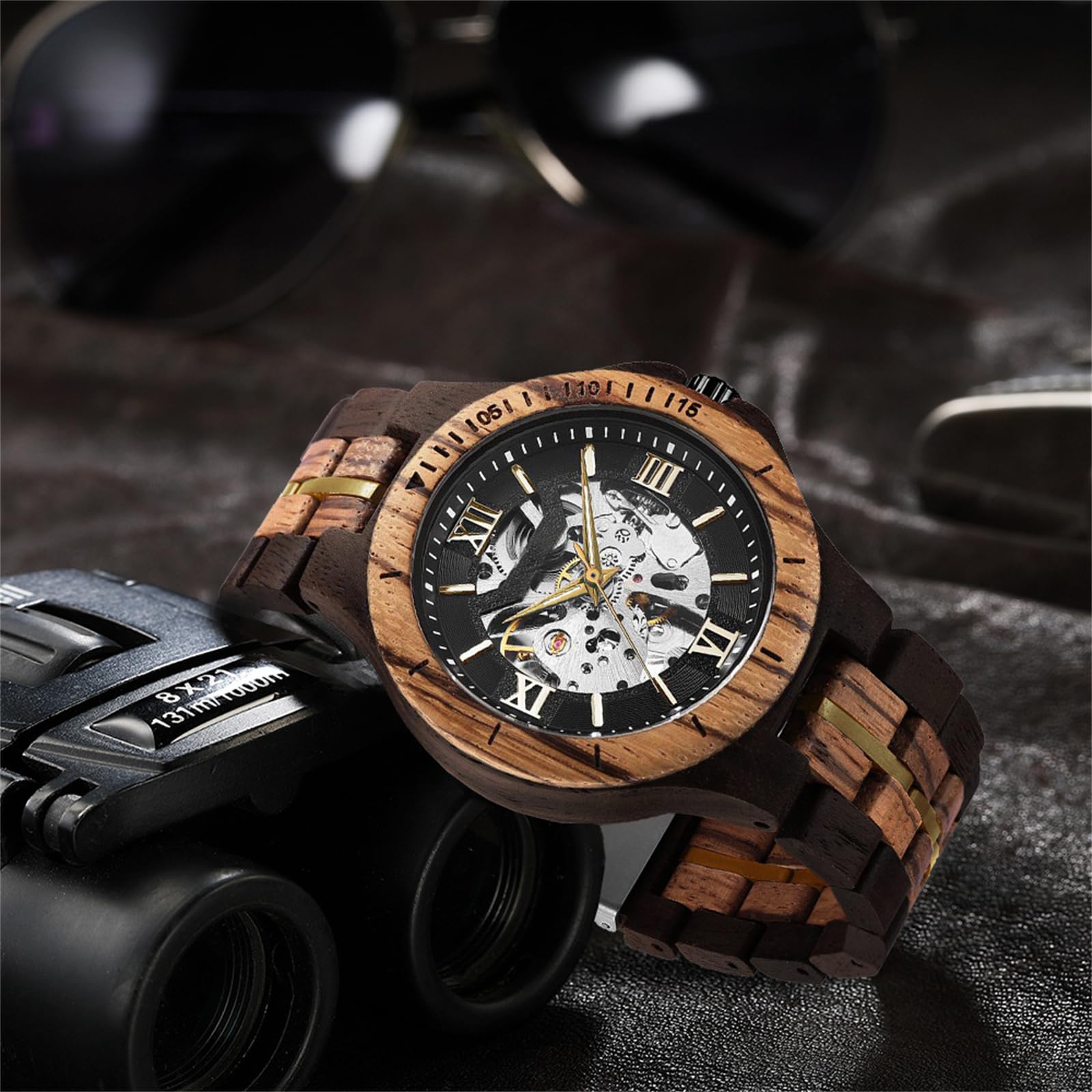 FORSINING Montre pour homme - Design classique - En bois - Automatique - Squelette - Montre mécanique lumineuse et étanche