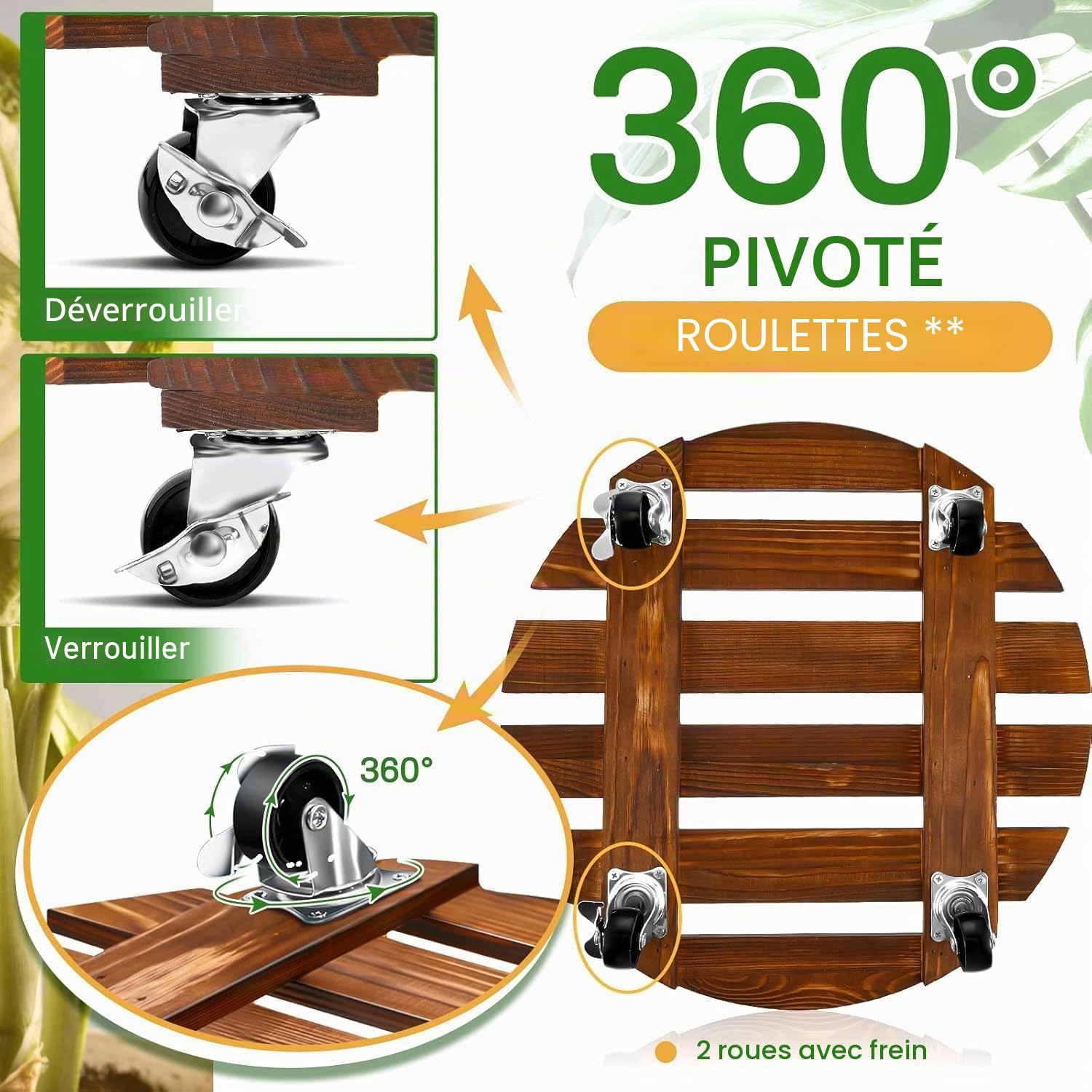 KAHEIGN 2 Pièces Support à Plantes en Bois roulettes avec roulettes, 30CM Plateaux à Plantes Rond Porte Mobile Robuste Chariot à Plantes avec roulettes Métalliques Verrouillables pour Pot de Fleurs