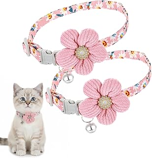 2個 小型猫首輪 ベル付き、調節可能な花子猫の首輪 分離、小型犬、子犬、猫用の分離式安全バックル(ピンク)