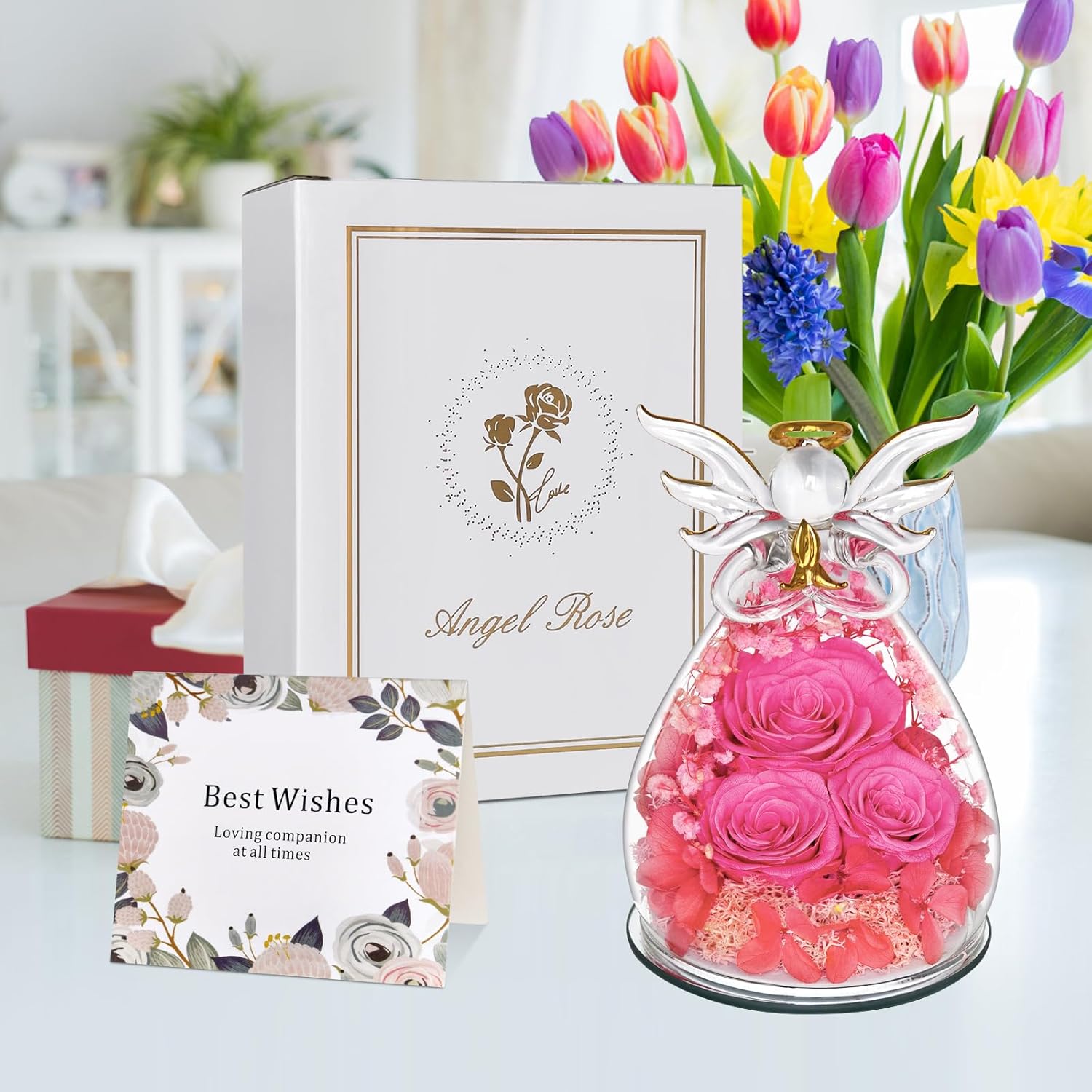 Preserved Rose Gifts for Women Birthday, Forever Flower in Glass Angel Figurines Fresh Flowers for Delivery for Mom Real Colorful Roses for Grandma Sister Wife Her from Daughter-Red (Pink) - Image 7